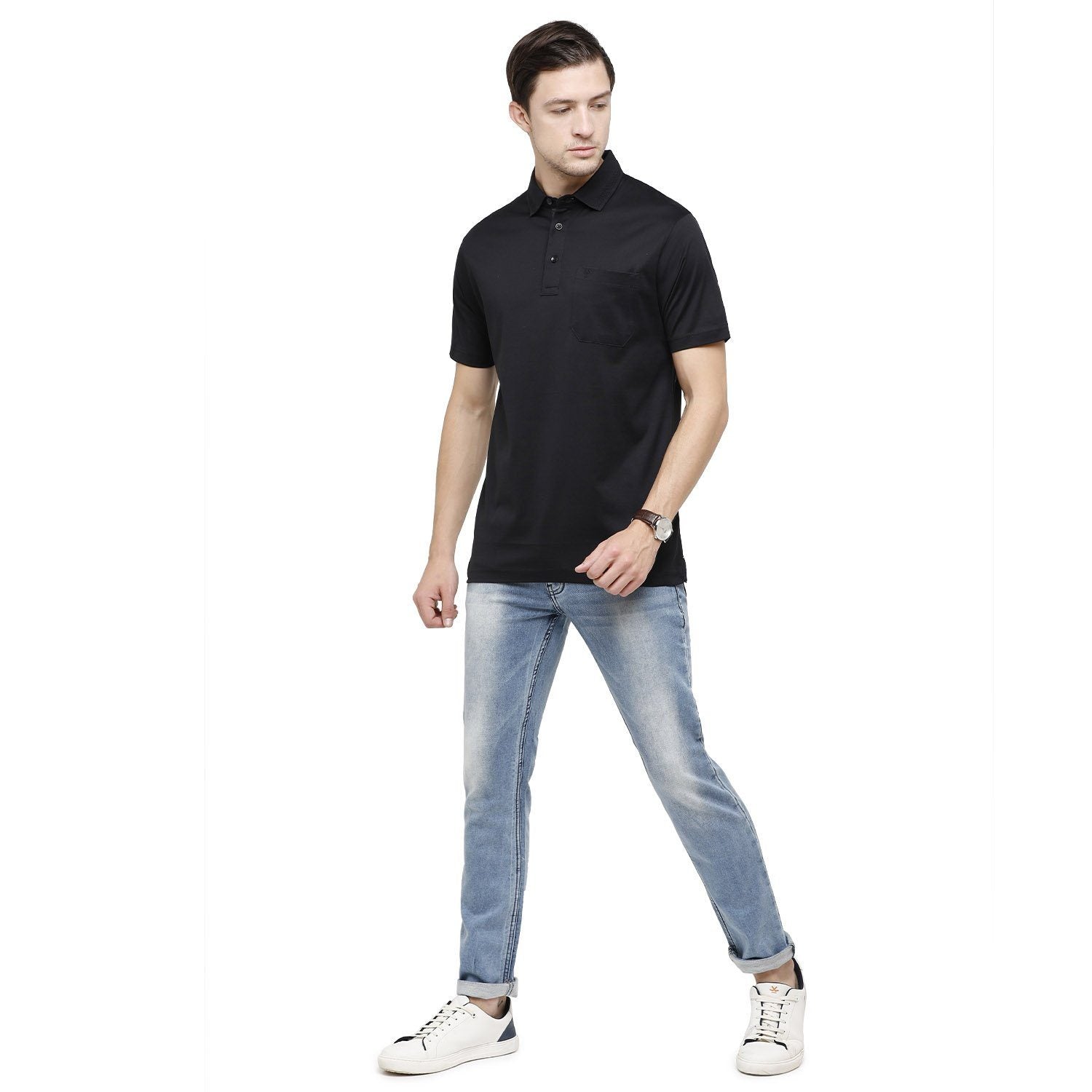 Classic Polo Mens Solid Polo Neck Half Sleeve Regular Fit 100% Cotton Black T-Shirt ( SEDOS-BLACK AF P ) T-shirt Classic Polo 