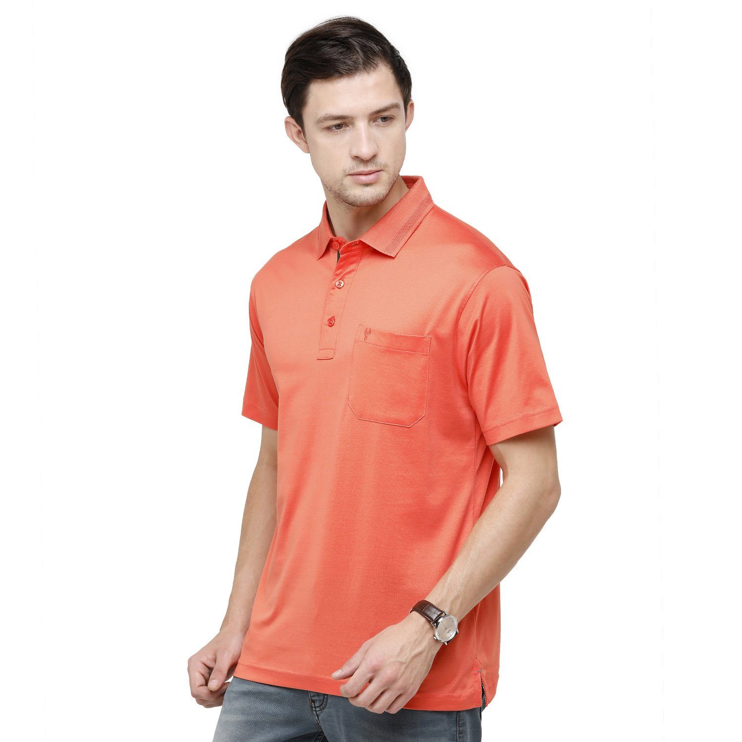 Classic Polo Mens Solid Polo Neck Half Sleeve Regular Fit Cotton Orange Core T-Shirt ( SEDOS-EMBERGLOW AF P ) T-shirt Classic Polo 