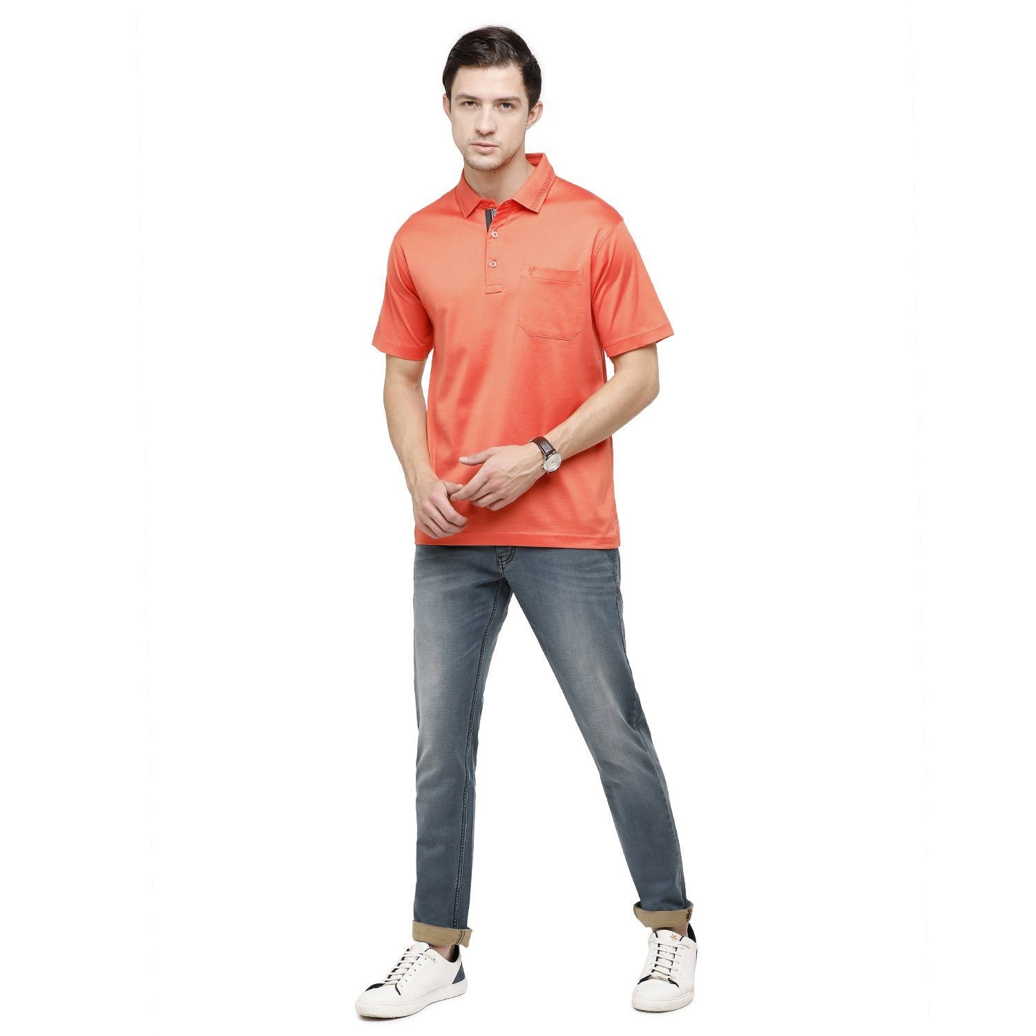 Classic Polo Mens Solid Polo Neck Half Sleeve Regular Fit Cotton Orange Core T-Shirt ( SEDOS-EMBERGLOW AF P ) T-shirt Classic Polo 