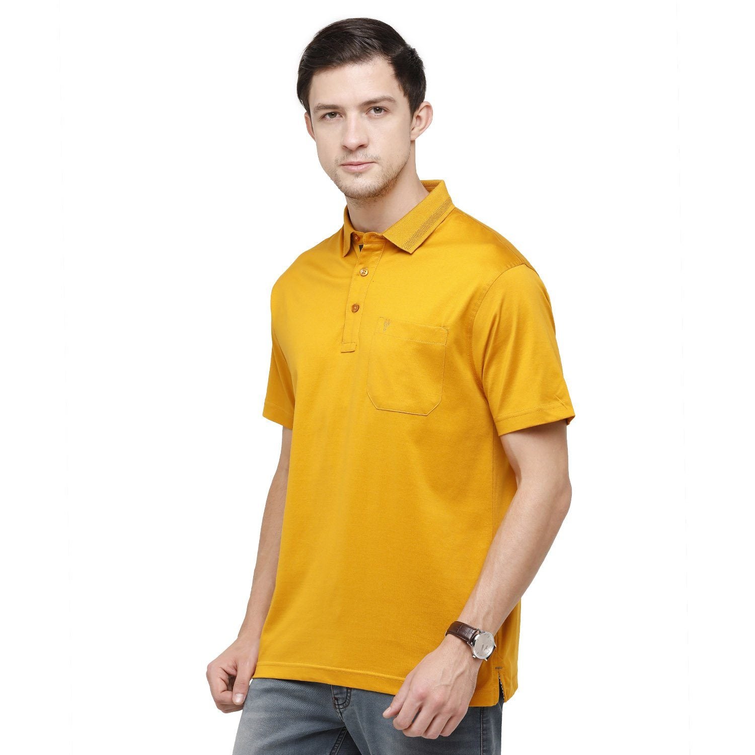Classic Polo Mens Solid Polo Half Sleeve Authentic Fit 100% Cotton Golden Yellow T-Shirt - SEDOS-GOLDEN YELLOW T-shirt Classic Polo 