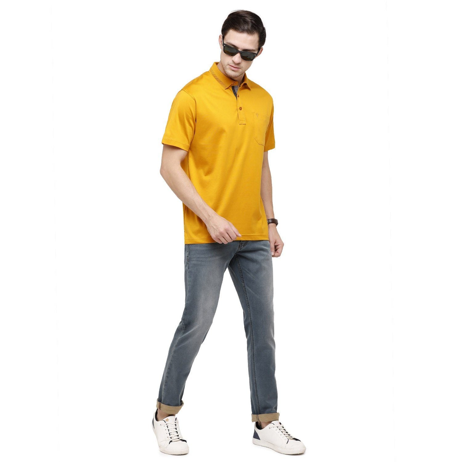 Classic Polo Mens Solid Polo Half Sleeve Authentic Fit 100% Cotton Golden Yellow T-Shirt - SEDOS-GOLDEN YELLOW T-shirt Classic Polo 