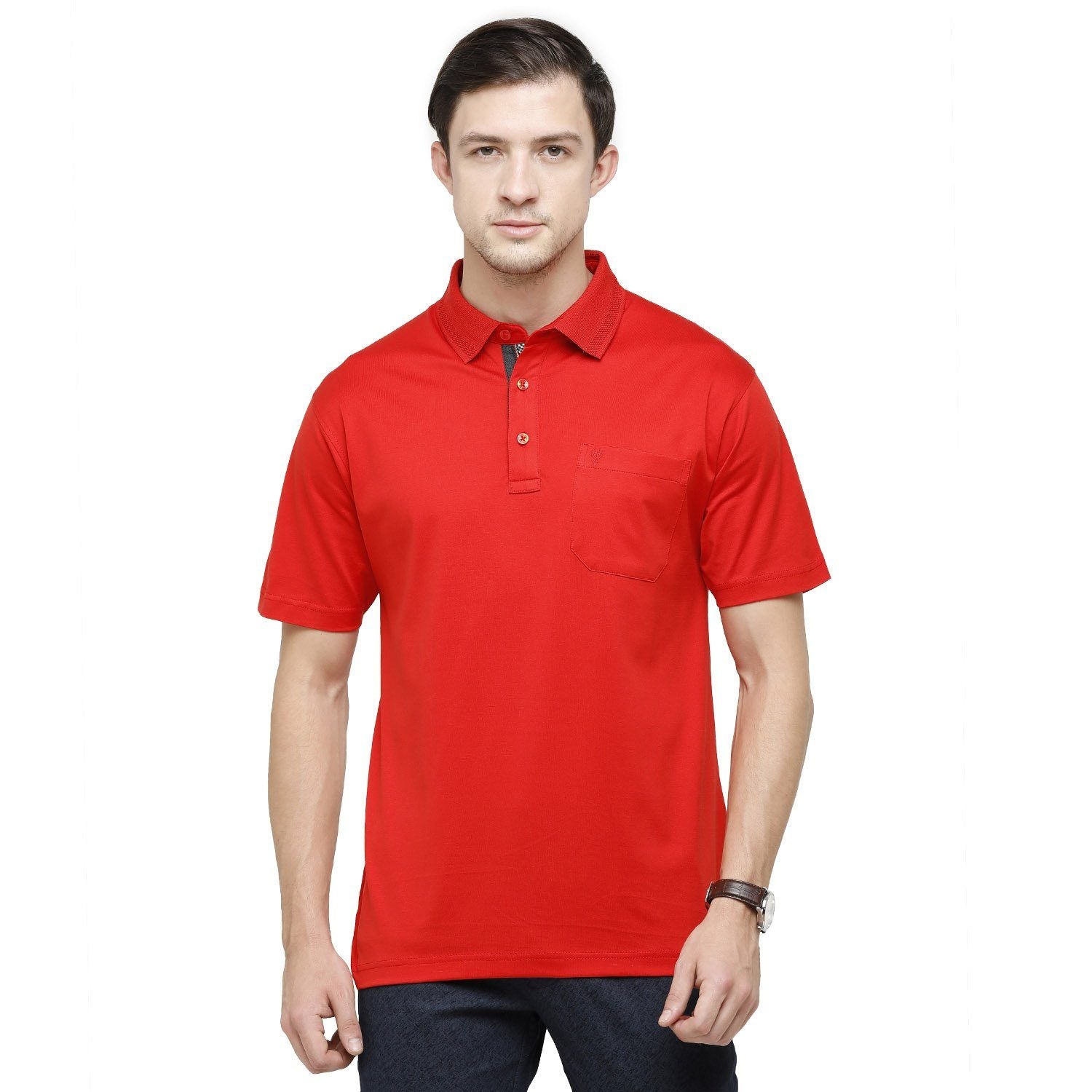 Classic Polo Mens Solid Polo Neck Half Sleeve Regular Fit Cotton Red Core T-Shirt ( SEDOS-MOLTEN LAVA AF P ) T-shirt Classic Polo 