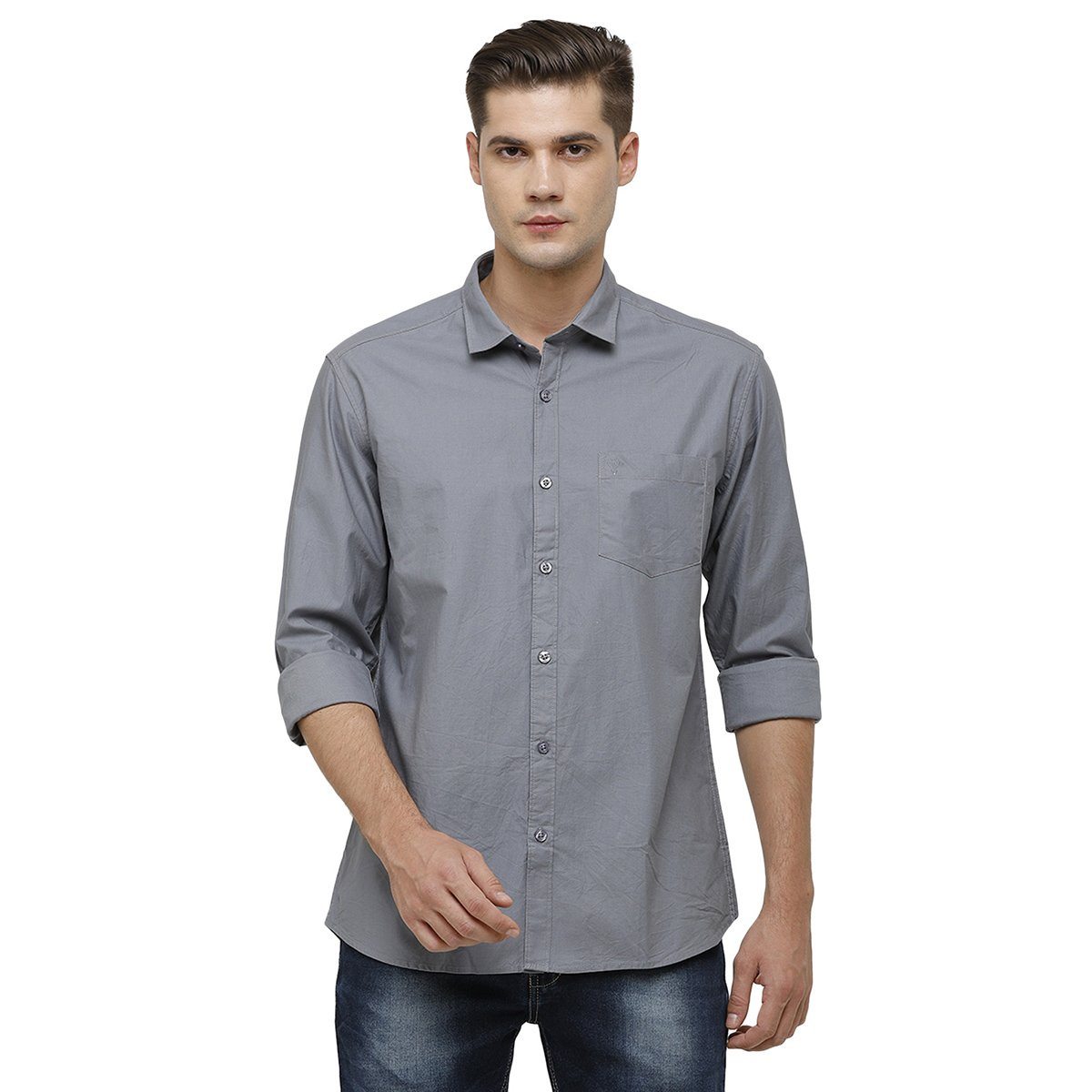 Classic Polo Mens Collar Neck Full Sleeve Grey Smart Fit 100% Cotton Woven Shirt SM1-68 C-FS-SLD-SF Shirts Classic Polo 