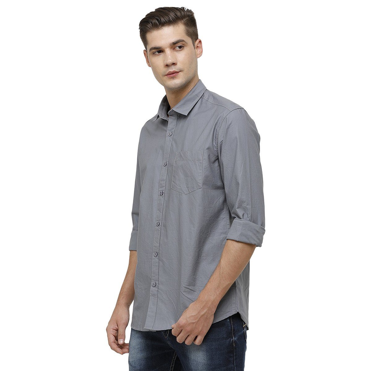 Classic Polo Mens Collar Neck Full Sleeve Grey Smart Fit 100% Cotton Woven Shirt SM1-68 C-FS-SLD-SF Shirts Classic Polo 