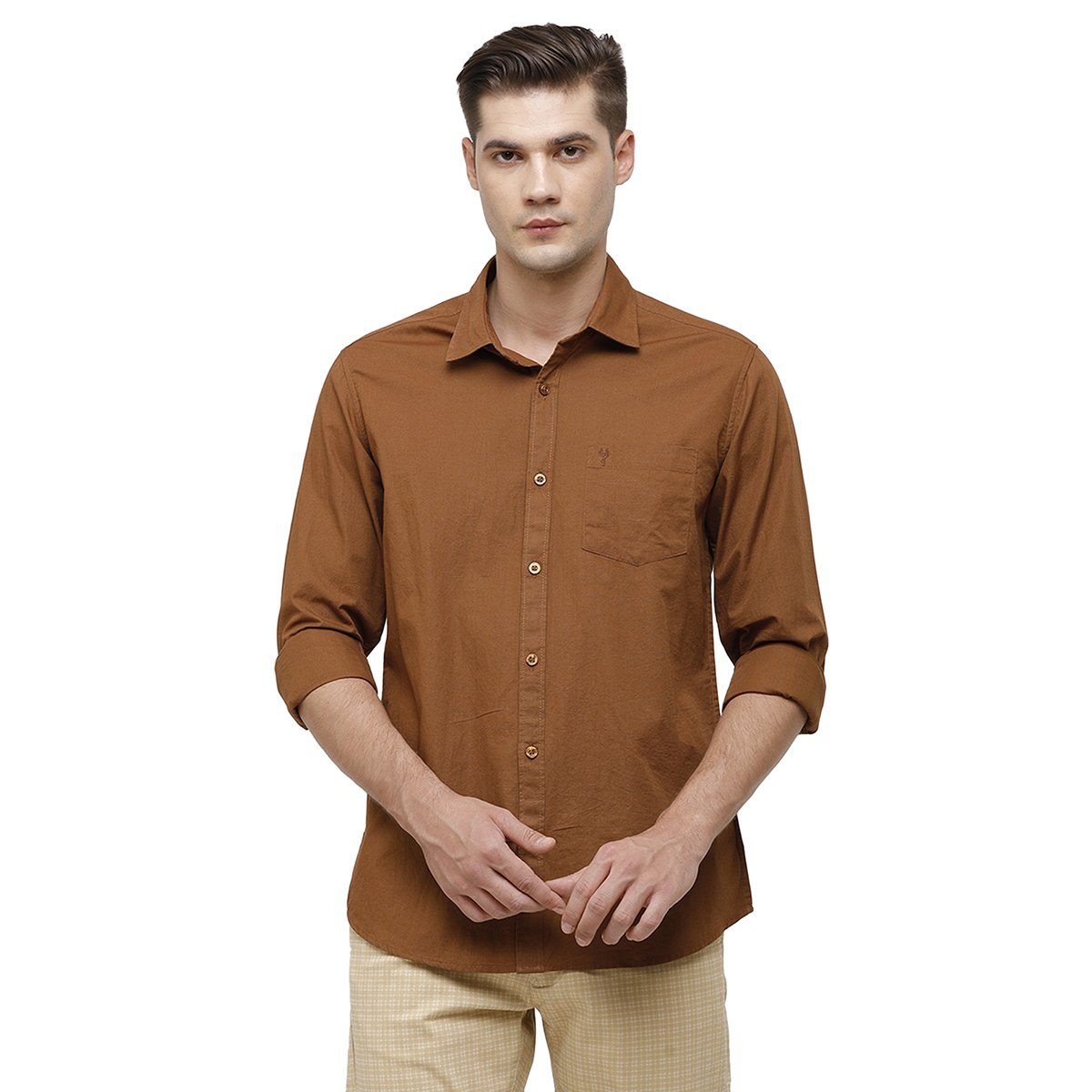 Classic Polo Mens Collar Neck Full Sleeve Brown Smart Fit 100% Cotton Woven Shirt SM1-69 G-FS-SLD-SF Shirts Classic Polo 