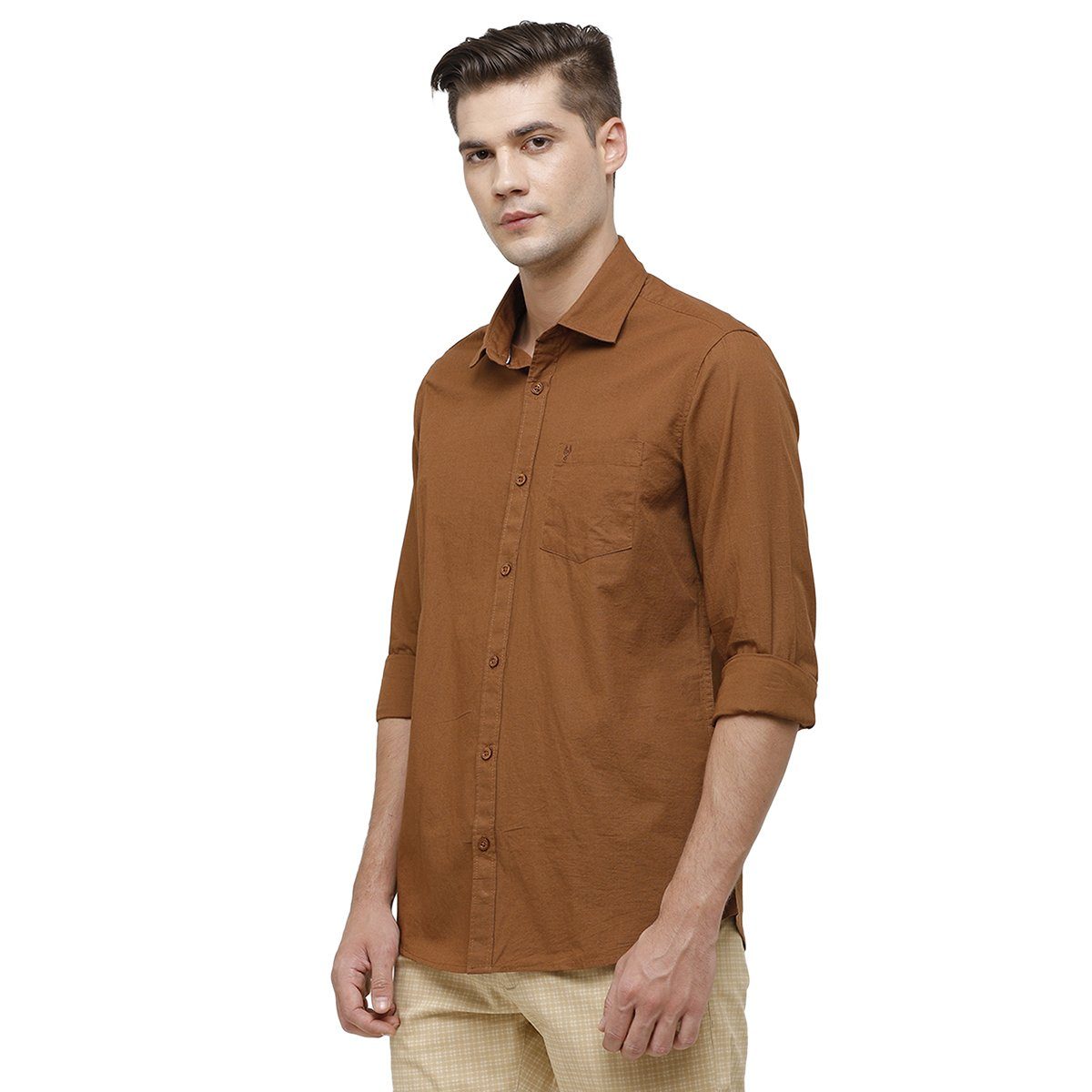Classic Polo Mens Collar Neck Full Sleeve Brown Smart Fit 100% Cotton Woven Shirt SM1-69 G-FS-SLD-SF Shirts Classic Polo 