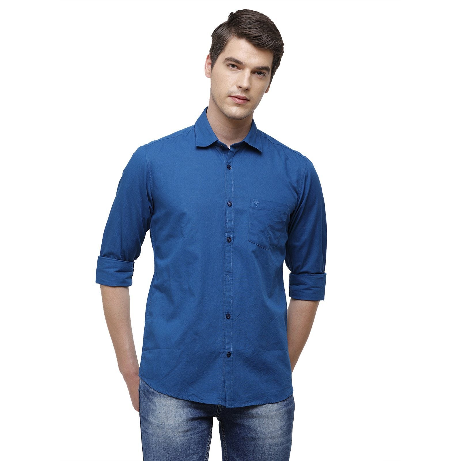 Classic Polo Men's Smart Fit Collar Neck Full Sleeve Solid Cotton Royal Blue Woven Shirt SM1-69 H-FS-SLD-SF Shirts Classic Polo 