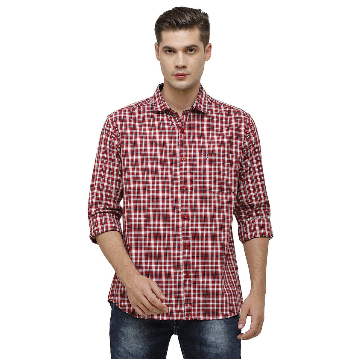Classic Polo Mens Collar Neck Full Sleeve Red Smart Fit 100% Cotton Woven Shirt SM1-70 A-FS-CHK-SF Shirts Classic Polo 