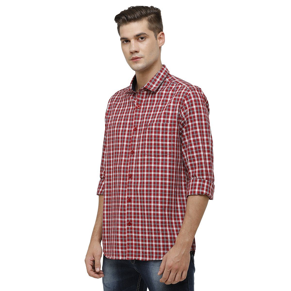 Classic Polo Mens Collar Neck Full Sleeve Red Smart Fit 100% Cotton Woven Shirt SM1-70 A-FS-CHK-SF Shirts Classic Polo 