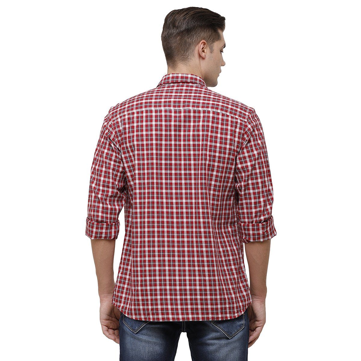 Classic Polo Mens Collar Neck Full Sleeve Red Smart Fit 100% Cotton Woven Shirt SM1-70 A-FS-CHK-SF Shirts Classic Polo 