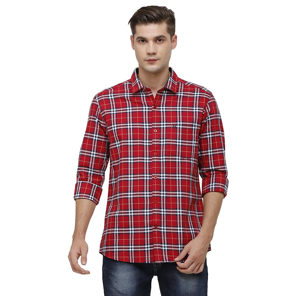 Classic Polo Mens Collar Neck Full Sleeve Red Smart Fit 100% Cotton Woven Shirt SM1-71 A-FS-CHK-SF Shirts Swiss Club 