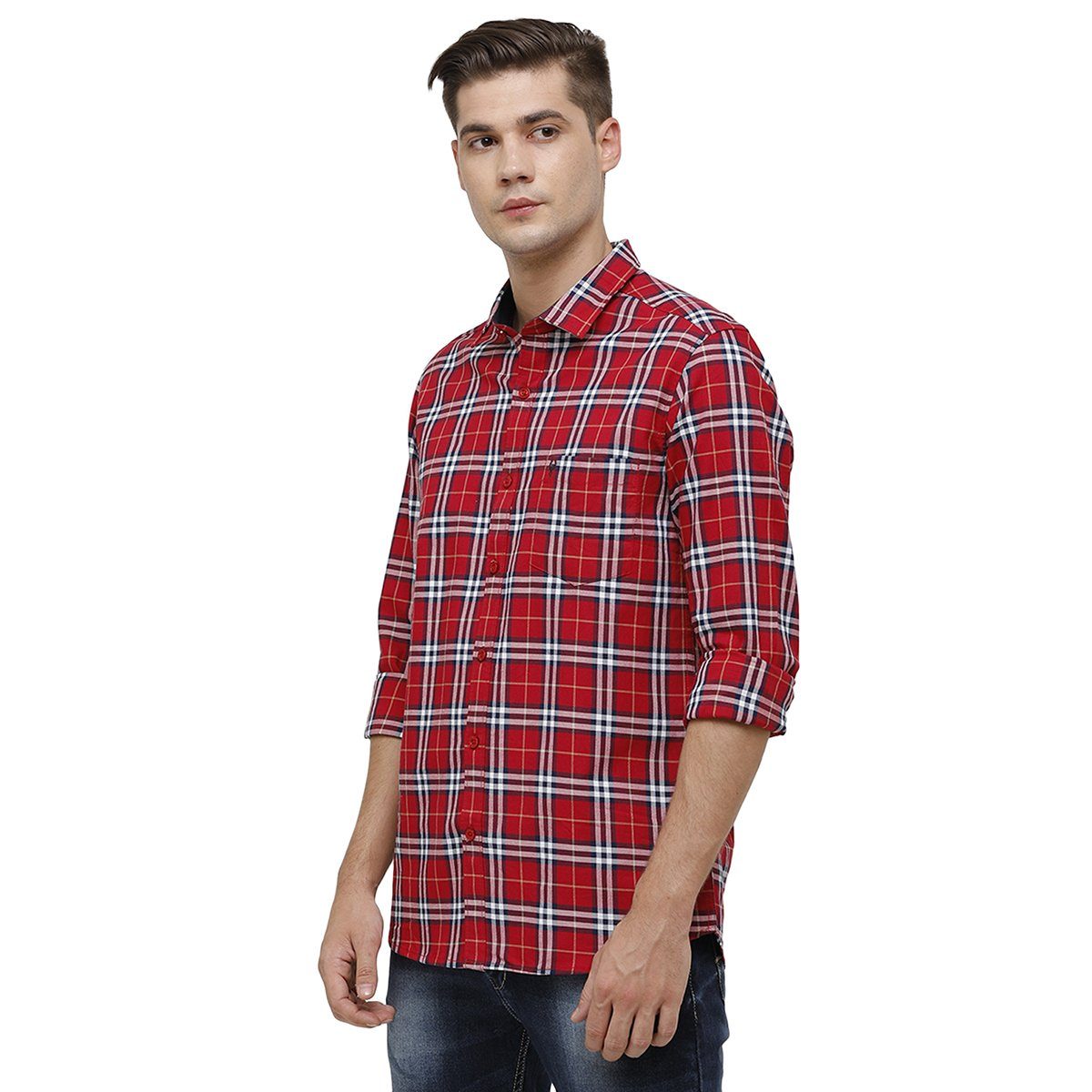 Classic Polo Mens Collar Neck Full Sleeve Red Smart Fit 100% Cotton Woven Shirt SM1-71 A-FS-CHK-SF Shirts Swiss Club 