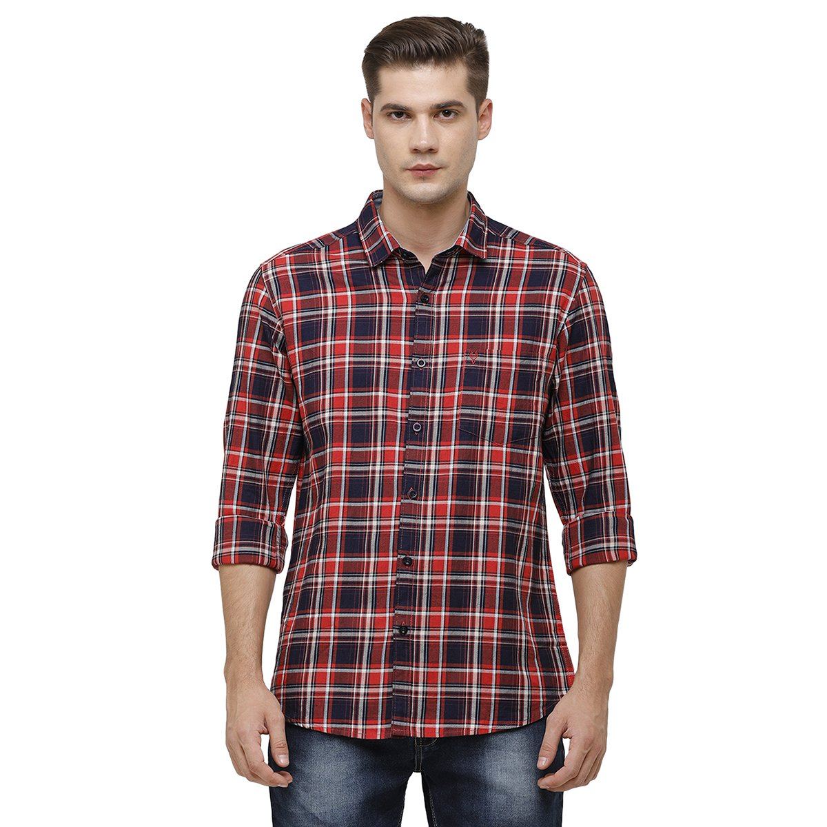 Classic Polo Mens Collar Neck Full Sleeve Red & Black Smart Fit 100% Cotton Woven Shirt SM1-72 A-FS-CHK-SF Shirts Classic Polo 