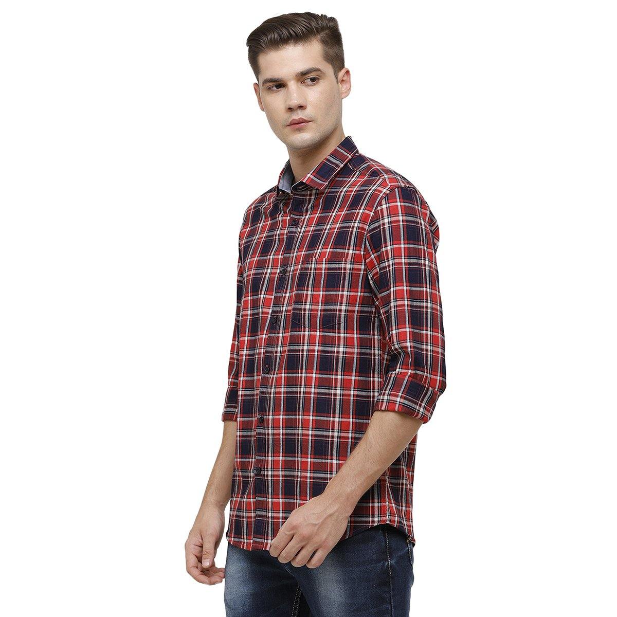 Classic Polo Mens Collar Neck Full Sleeve Red & Black Smart Fit 100% Cotton Woven Shirt SM1-72 A-FS-CHK-SF Shirts Classic Polo 