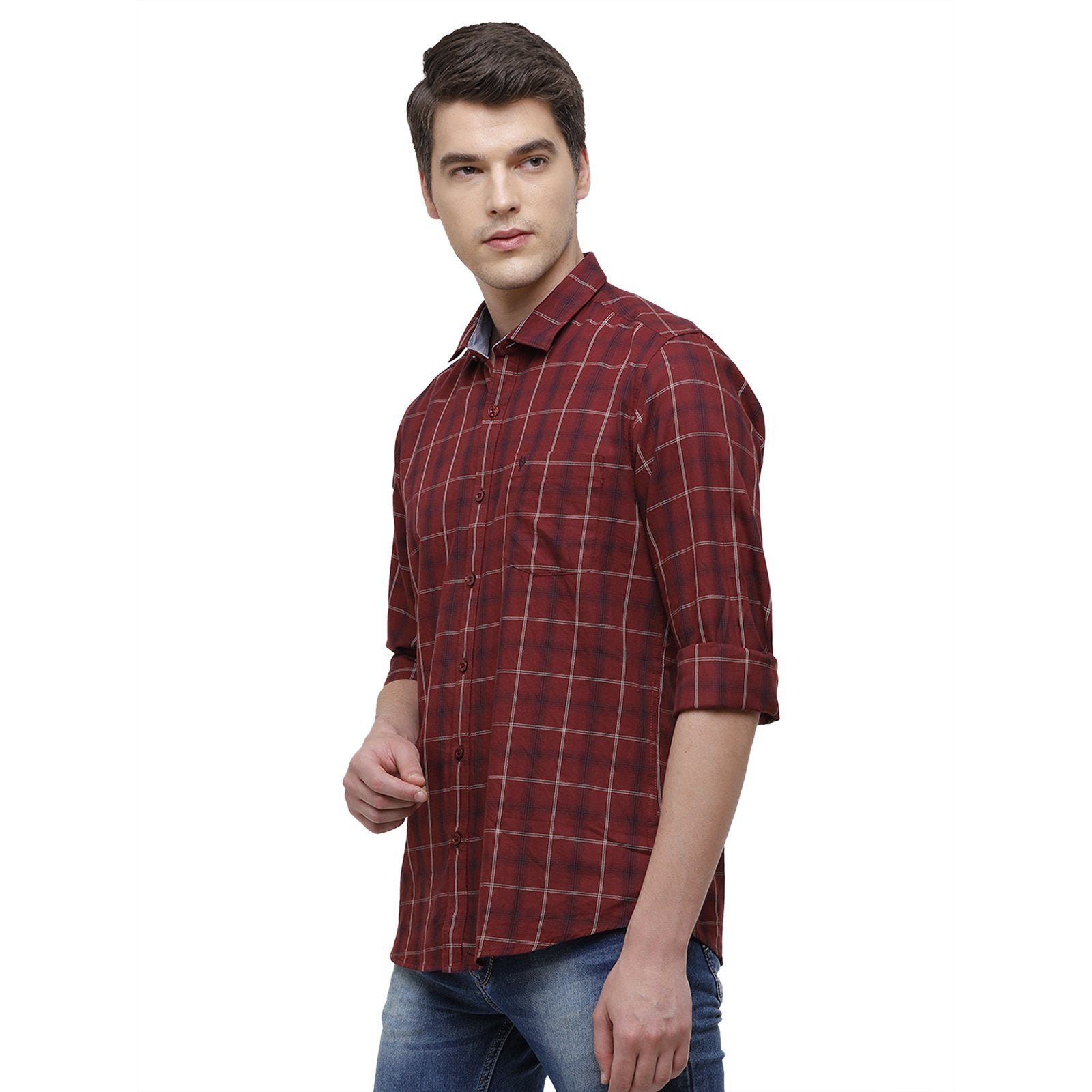 Classic Polo Men's Smart Fit Collar Neck Full Sleeve Checks Cotton Maroon Woven Shirt SM1-76 A-FS-CHK-SF Shirts Classic Polo 