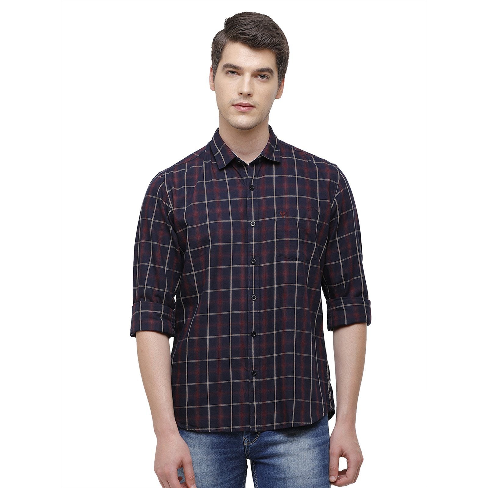 Classic Polo Men's Smart Fit Collar Neck Full Sleeve Checks Cotton Navy Blue Woven Shirt SM1-76 B-FS-CHK-SF Shirts Classic Polo 