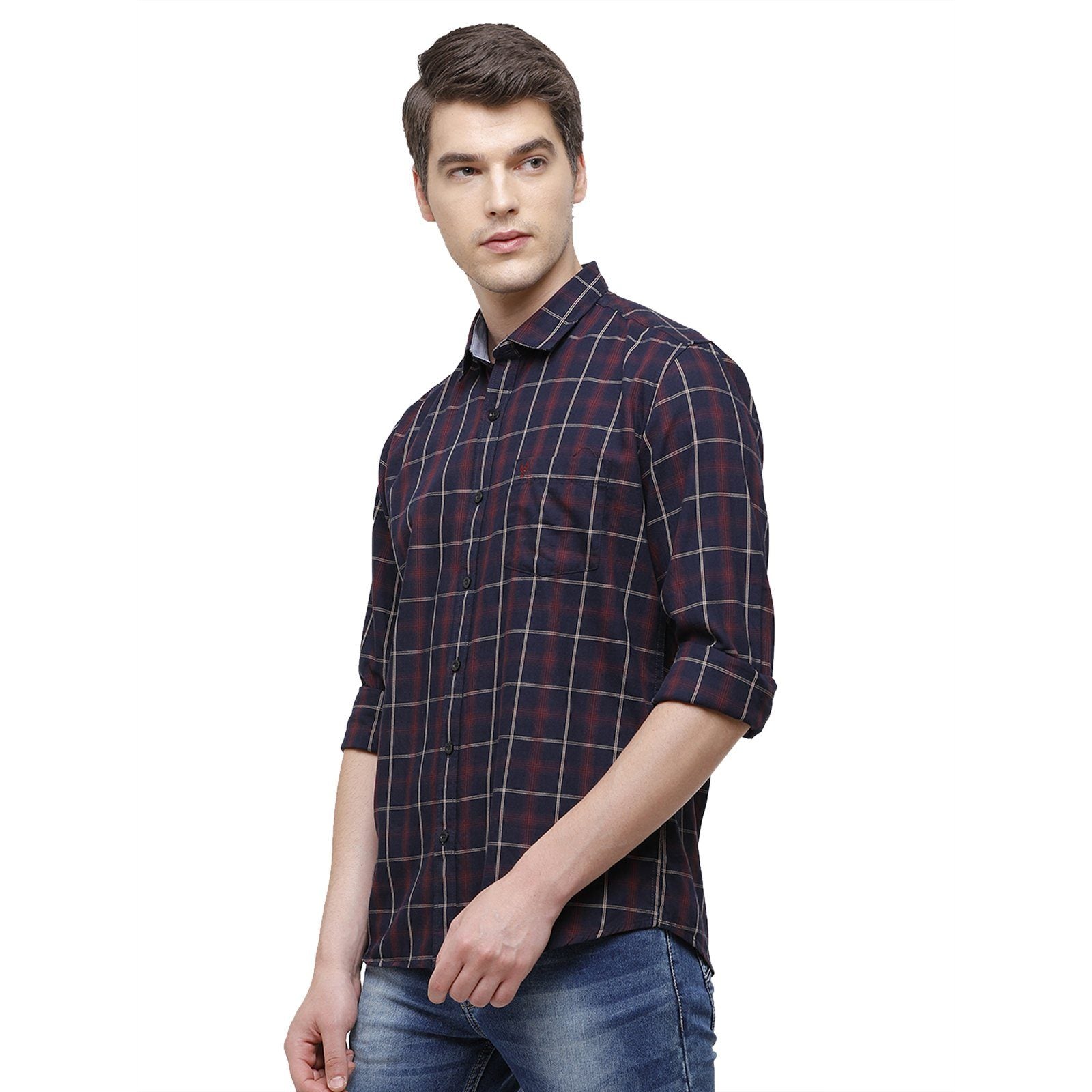 Classic Polo Men's Smart Fit Collar Neck Full Sleeve Checks Cotton Navy Blue Woven Shirt SM1-76 B-FS-CHK-SF Shirts Classic Polo 