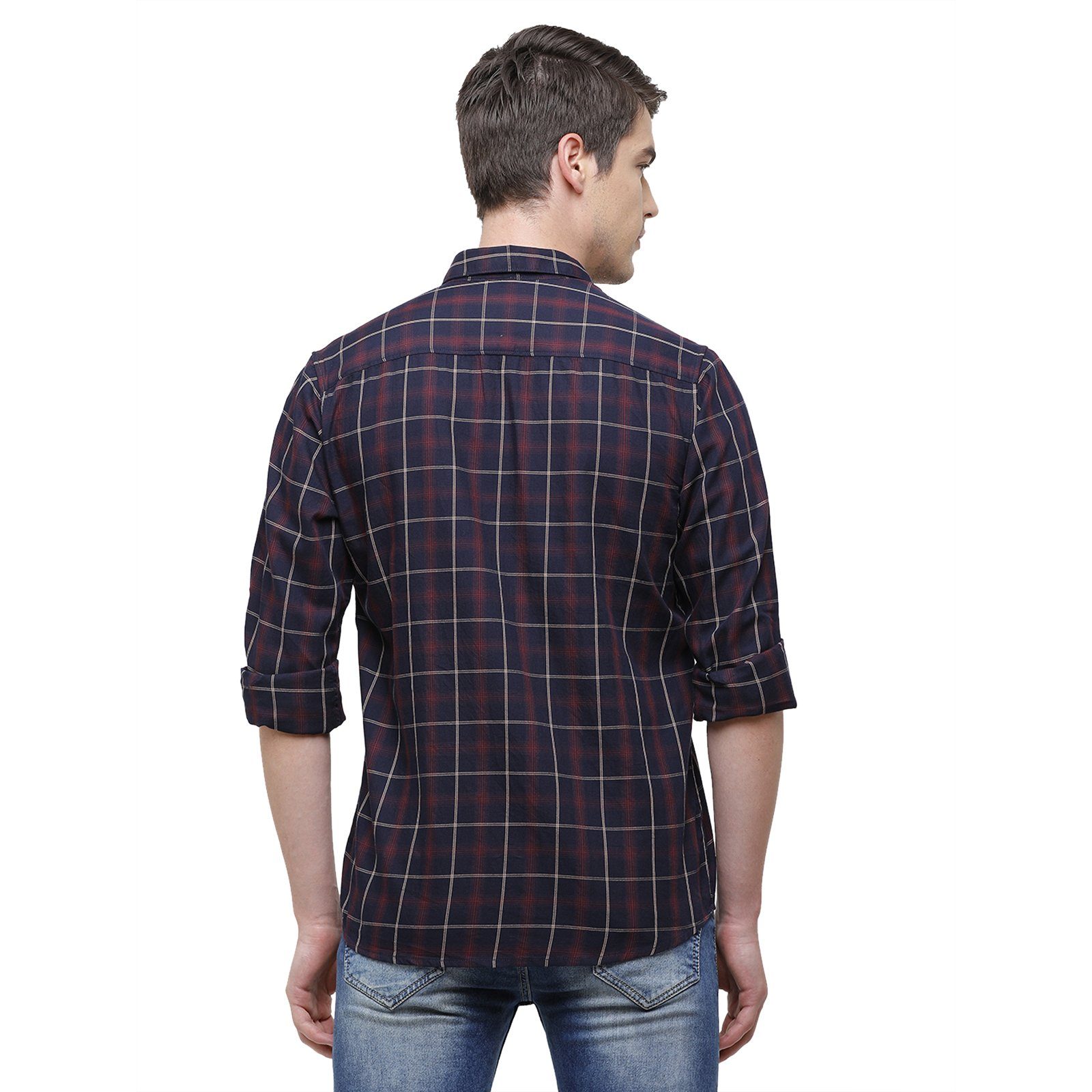 Classic Polo Men's Smart Fit Collar Neck Full Sleeve Checks Cotton Navy Blue Woven Shirt SM1-76 B-FS-CHK-SF Shirts Classic Polo 