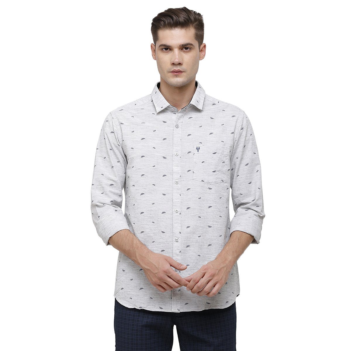 Classic Polo Mens Collar Neck Full Sleeve Grey Smart Fit 100% Cotton Woven Shirt SM1-77 A-FS-PRT-SF Shirts Classic Polo 