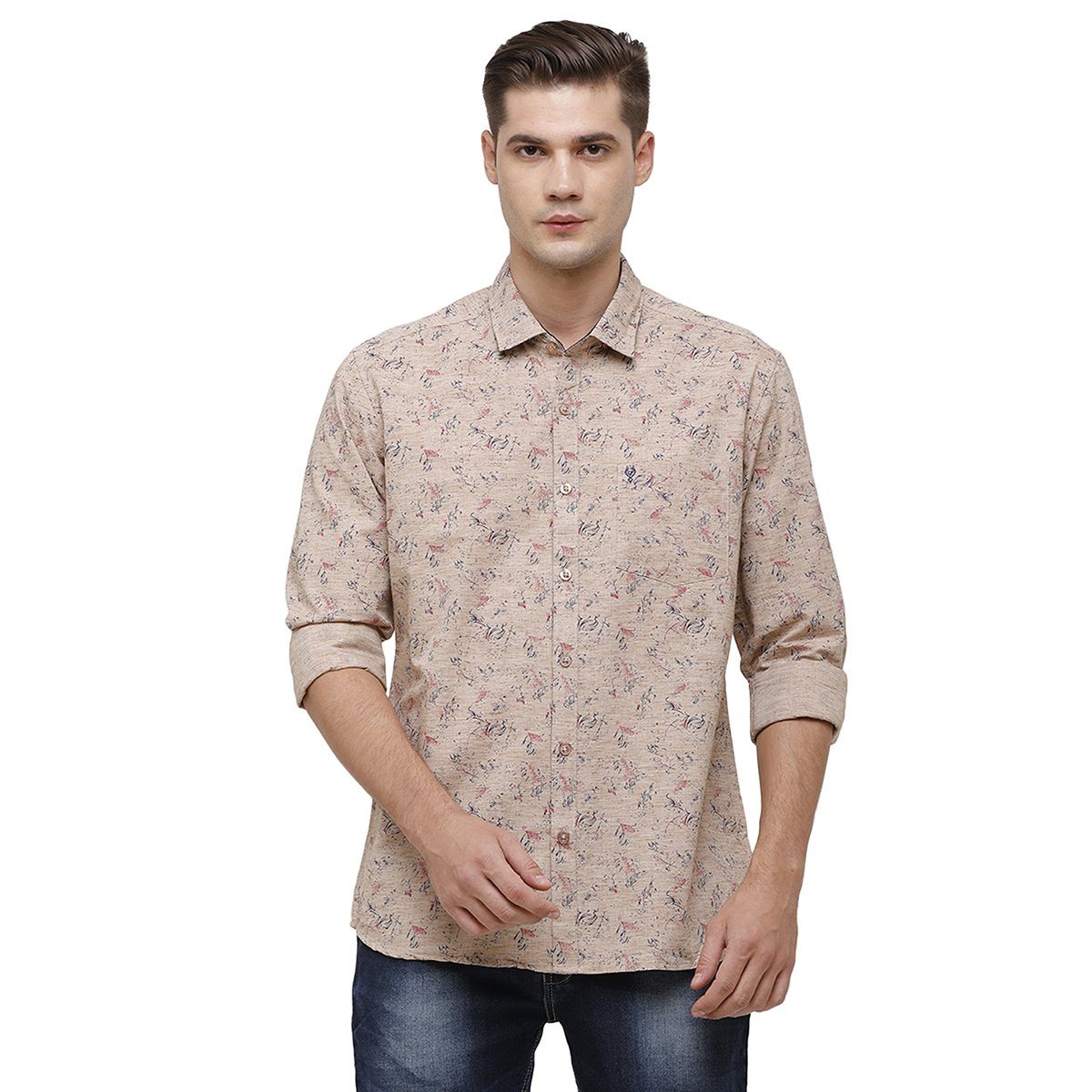Classic Polo Mens Collar Neck Full Sleeve Beige Smart Fit 100% Cotton Woven Shirt SM1-78 A-FS-PRT-SF Shirts Classic Polo 