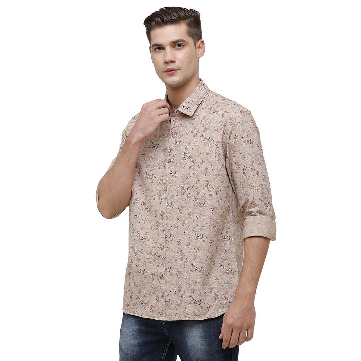 Classic Polo Mens Collar Neck Full Sleeve Beige Smart Fit 100% Cotton Woven Shirt SM1-78 A-FS-PRT-SF Shirts Classic Polo 