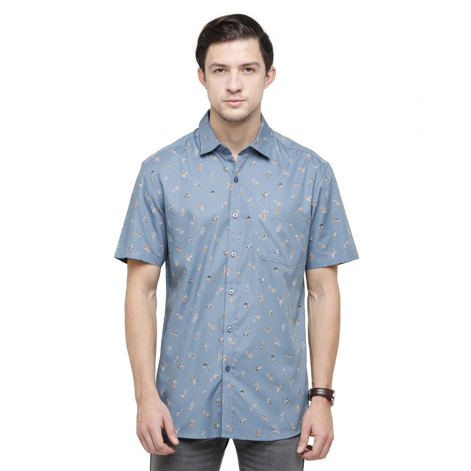 Classic Polo Mens Printed Collar Neck Half Sleeve Slim Fit 100% Cotton Blue Fashion Woven Shirt ( SM2-10 A-HS-PRT-SF ) Shirts Classic Polo 