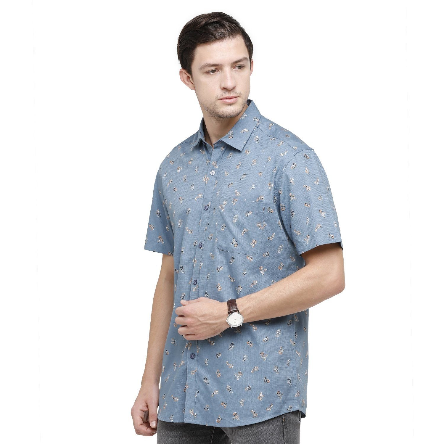 Classic Polo Mens Printed Collar Neck Half Sleeve Slim Fit 100% Cotton Blue Fashion Woven Shirt ( SM2-10 A-HS-PRT-SF ) Shirts Classic Polo 