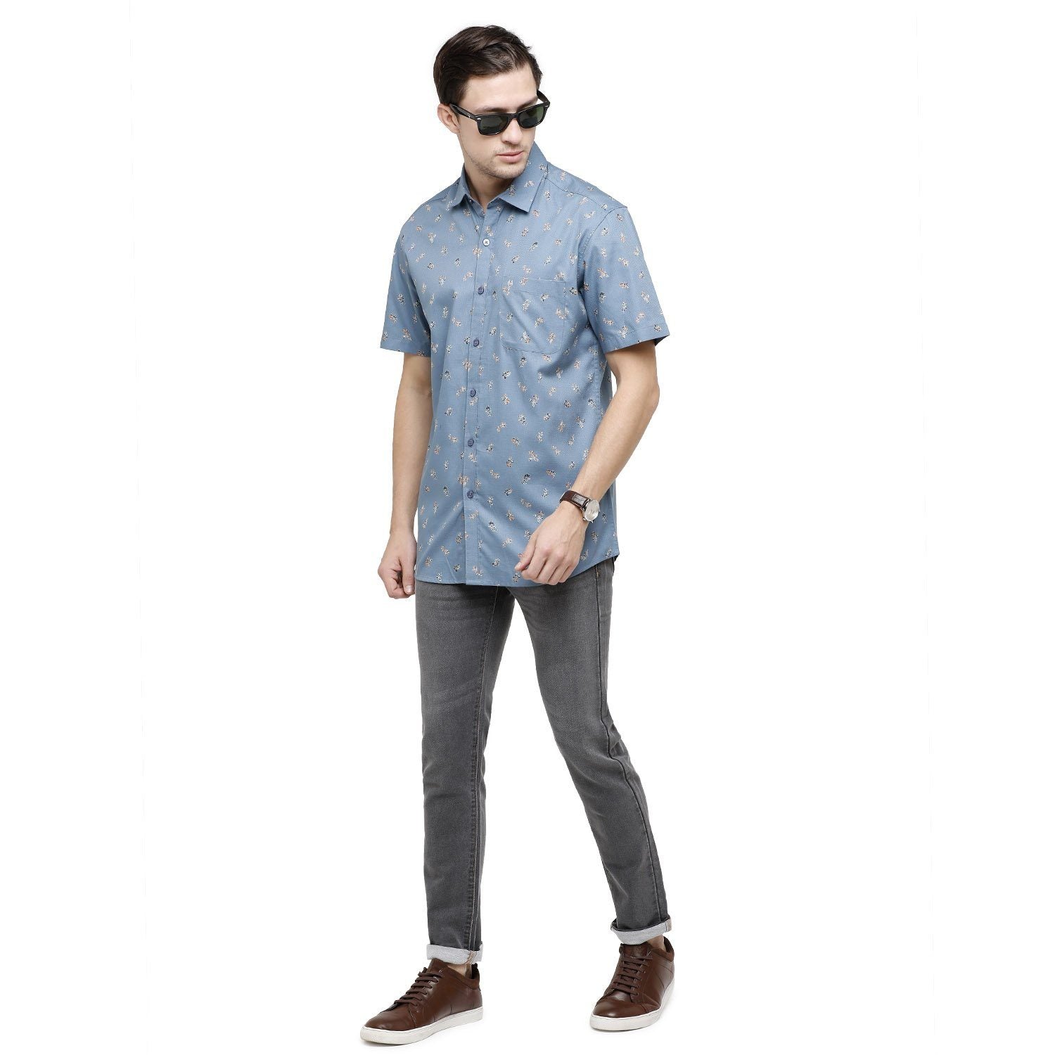 Classic Polo Mens Printed Collar Neck Half Sleeve Slim Fit 100% Cotton Blue Fashion Woven Shirt ( SM2-10 A-HS-PRT-SF ) Shirts Classic Polo 