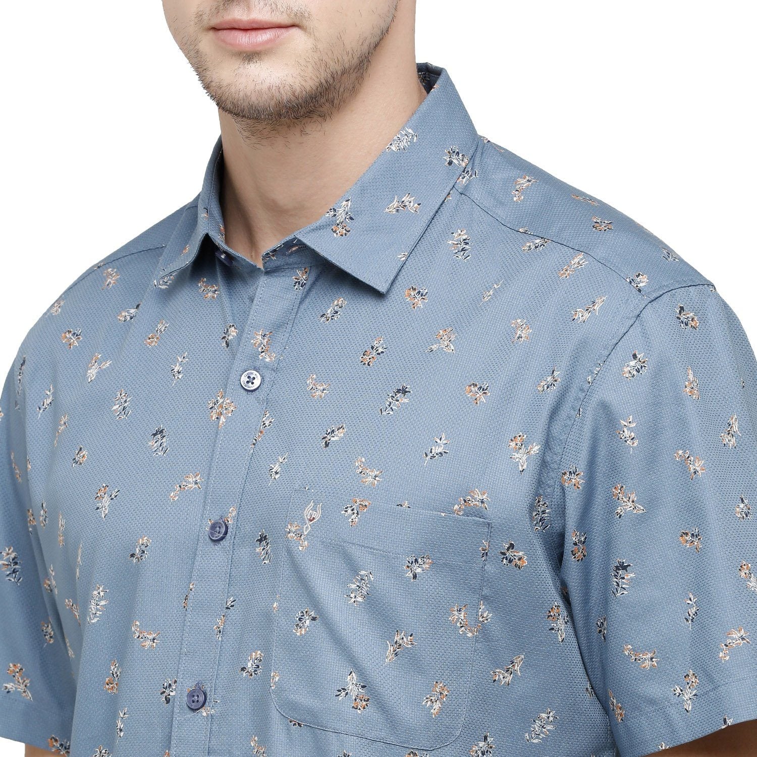 Classic Polo Mens Printed Collar Neck Half Sleeve Slim Fit 100% Cotton Blue Fashion Woven Shirt ( SM2-10 A-HS-PRT-SF ) Shirts Classic Polo 