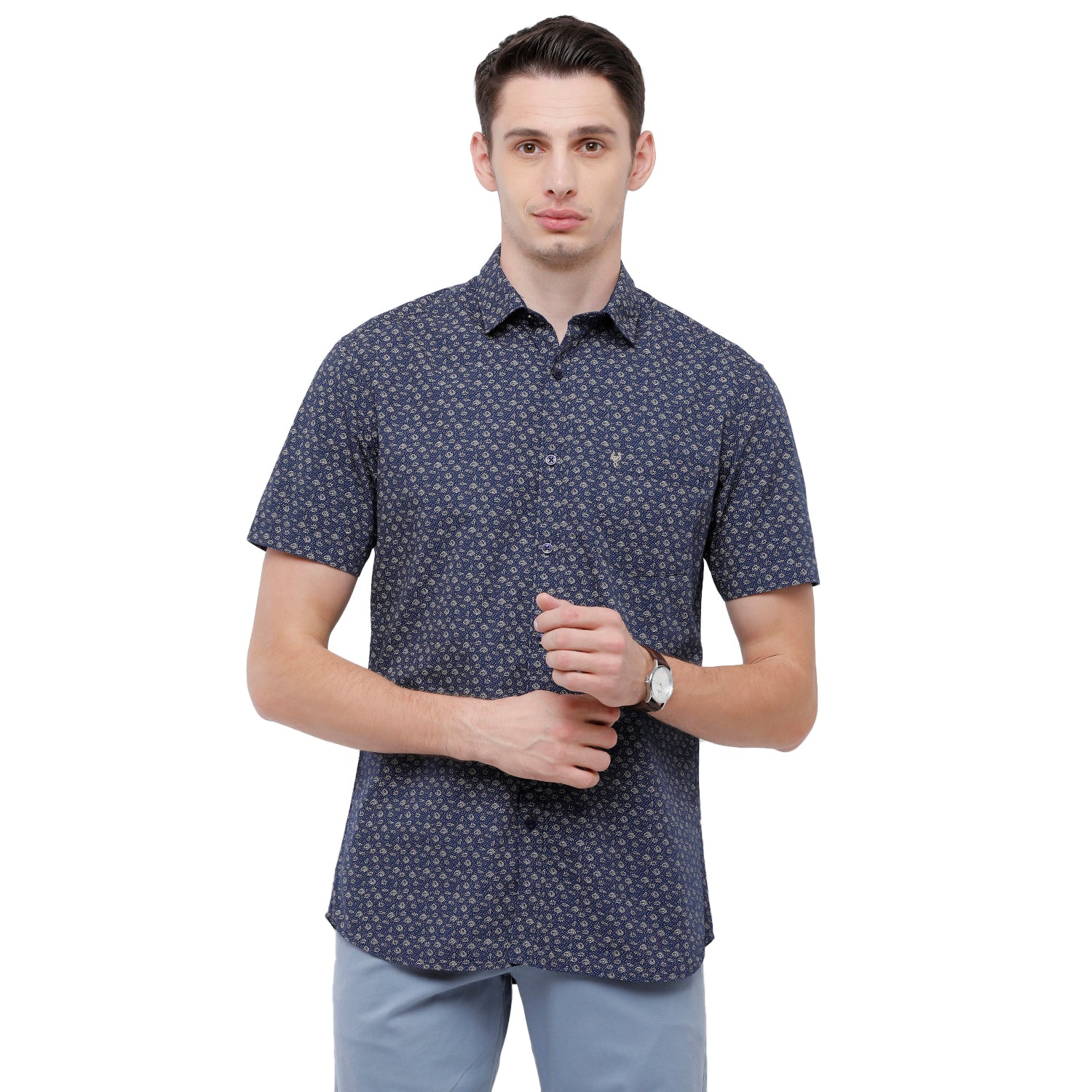Classic Polo Mens Printed Slim Fit Half Sleeve Collar Neck Blue Woven Shirt - SM2-11 A-HS-PRT-SF Shirts Classic Polo 