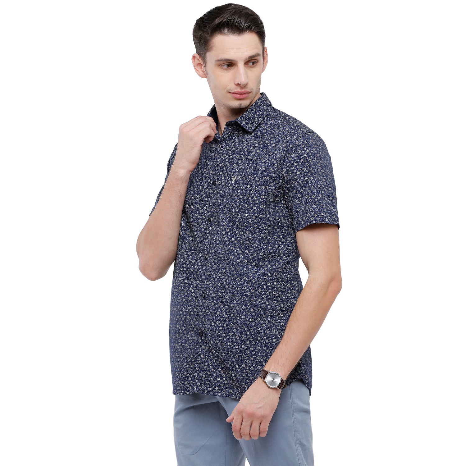 Classic Polo Mens Printed Slim Fit Half Sleeve Collar Neck Blue Woven Shirt - SM2-11 A-HS-PRT-SF Shirts Classic Polo 
