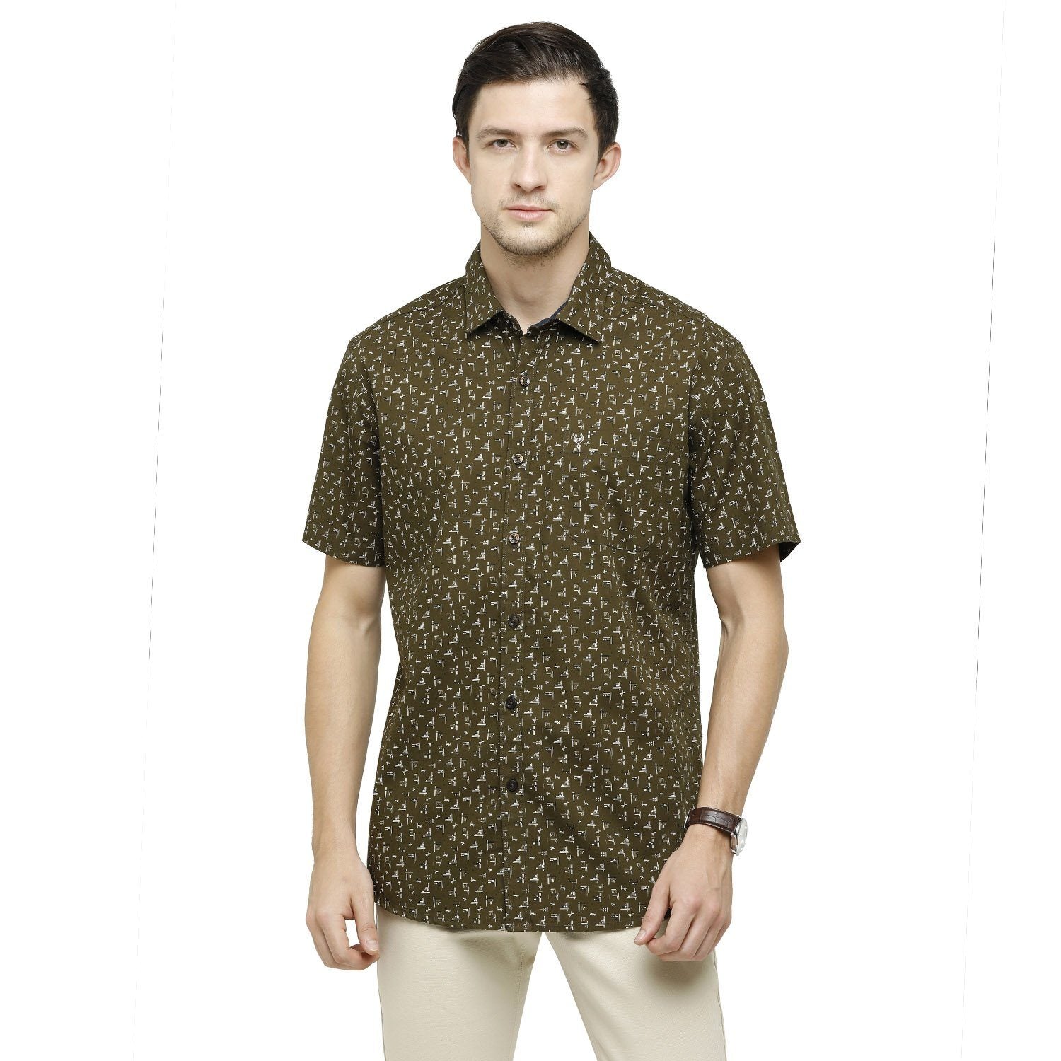 Classic Polo Mens Printed Collar Neck Half Sleeve Slim Fit 100% Cotton Oliva Fashion Woven Shirt ( SM2-18 A-HS-PRT-SF ) Shirts Classic Polo 