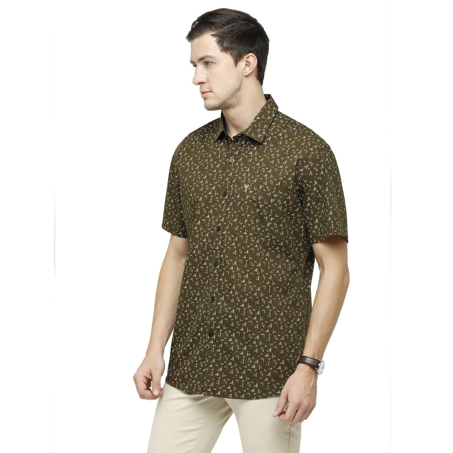 Classic Polo Mens Printed Collar Neck Half Sleeve Slim Fit 100% Cotton Oliva Fashion Woven Shirt ( SM2-18 A-HS-PRT-SF ) Shirts Classic Polo 