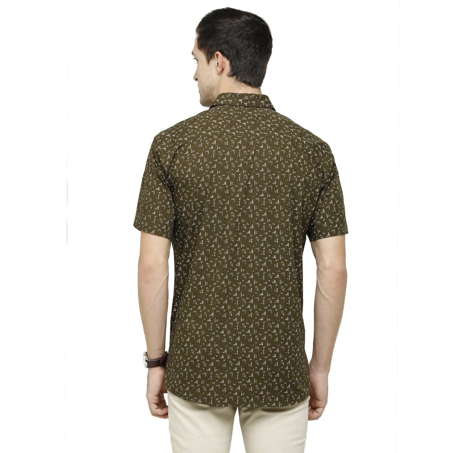 Classic Polo Mens Printed Collar Neck Half Sleeve Slim Fit 100% Cotton Oliva Fashion Woven Shirt ( SM2-18 A-HS-PRT-SF ) Shirts Classic Polo 