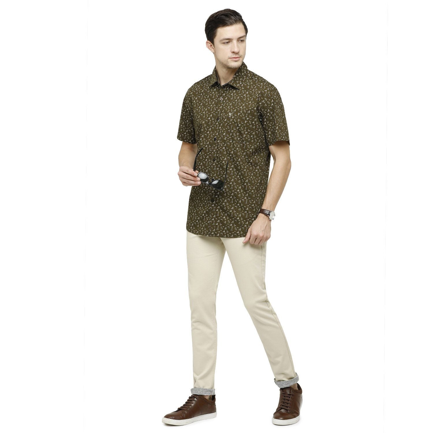 Classic Polo Mens Printed Collar Neck Half Sleeve Slim Fit 100% Cotton Oliva Fashion Woven Shirt ( SM2-18 A-HS-PRT-SF ) Shirts Classic Polo 