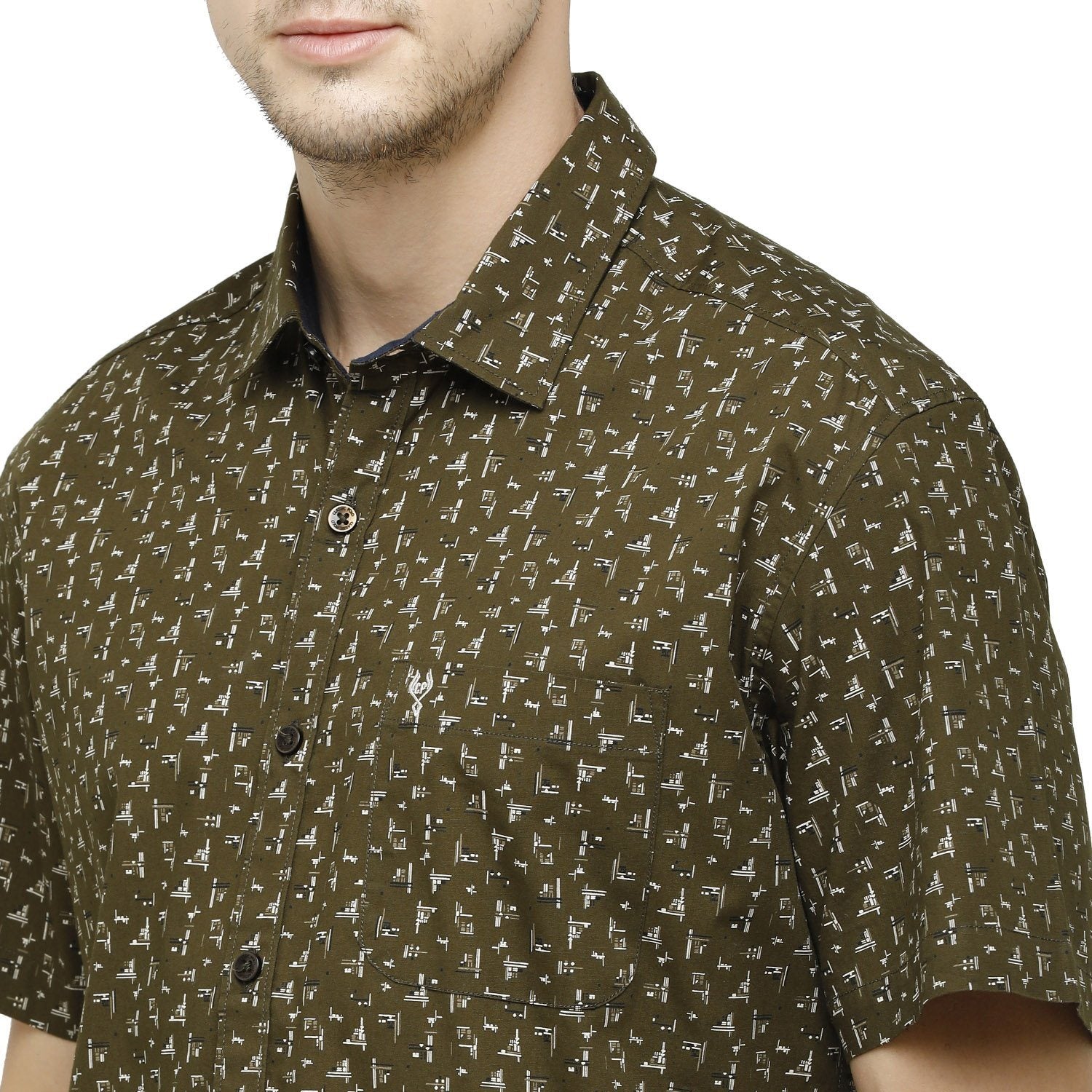 Classic Polo Mens Printed Collar Neck Half Sleeve Slim Fit 100% Cotton Oliva Fashion Woven Shirt ( SM2-18 A-HS-PRT-SF ) Shirts Classic Polo 