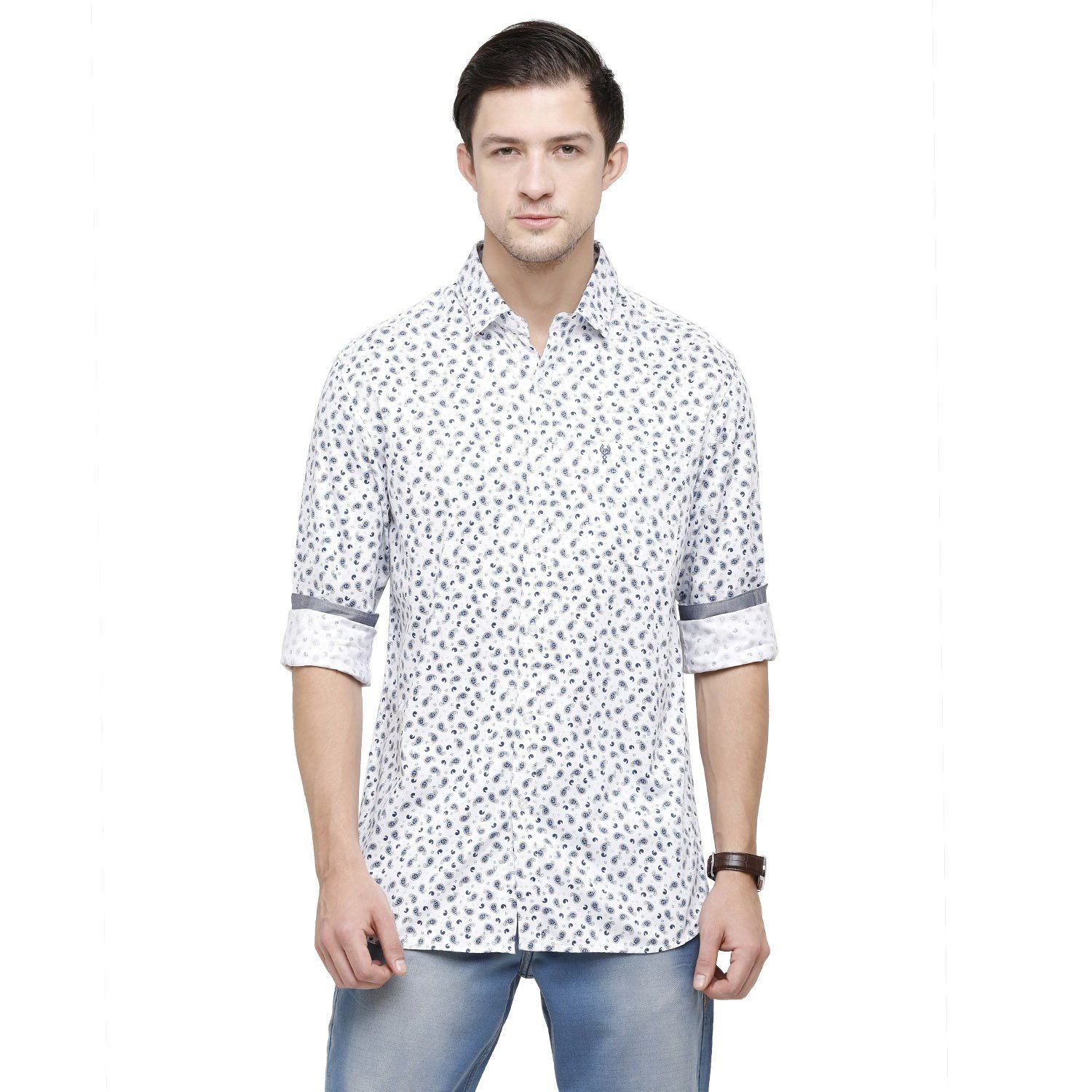 Classic Polo Mens Printed Collar Neck Full Sleeve Slim Fit 100% Cotton White Fashion Woven Shirt ( SM2-29 A-FS-PRT-SF ) Shirts Classic Polo 