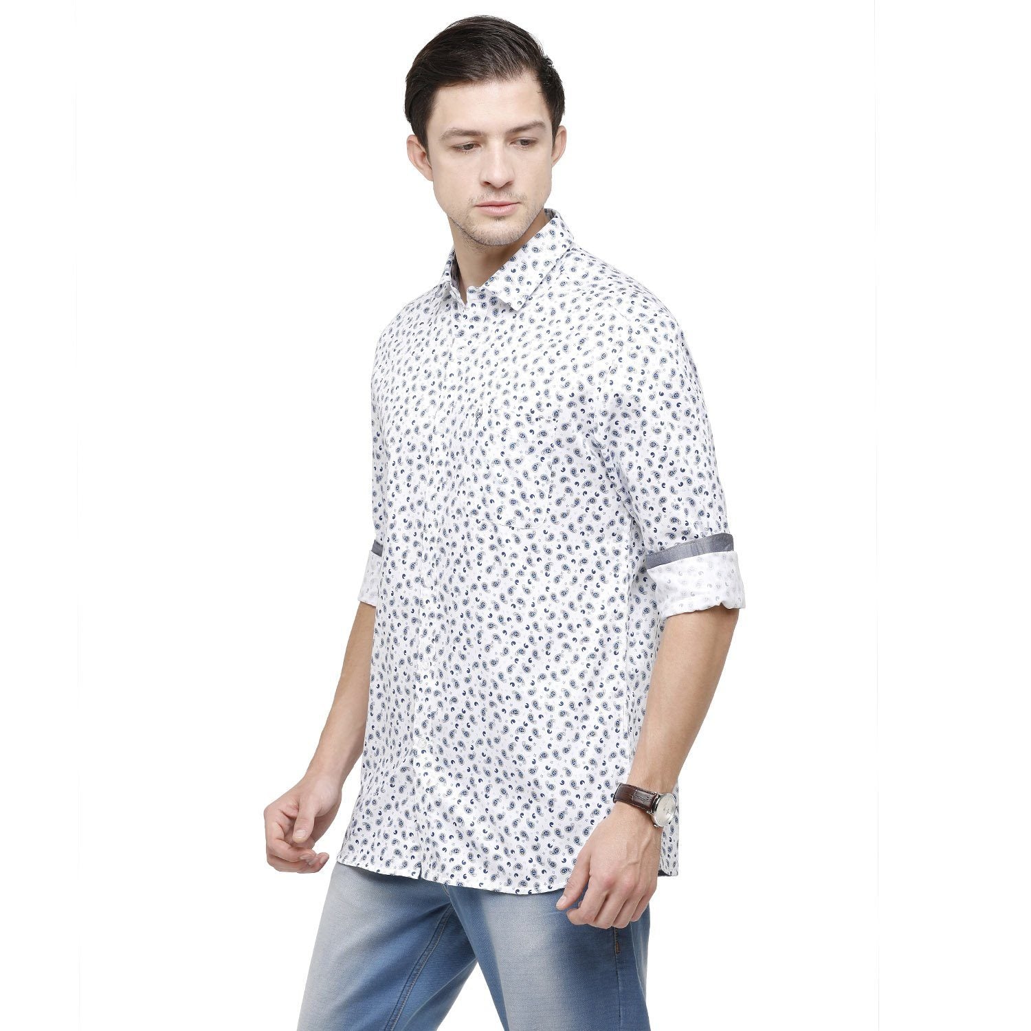 Classic Polo Mens Printed Collar Neck Full Sleeve Slim Fit 100% Cotton White Fashion Woven Shirt ( SM2-29 A-FS-PRT-SF ) Shirts Classic Polo 