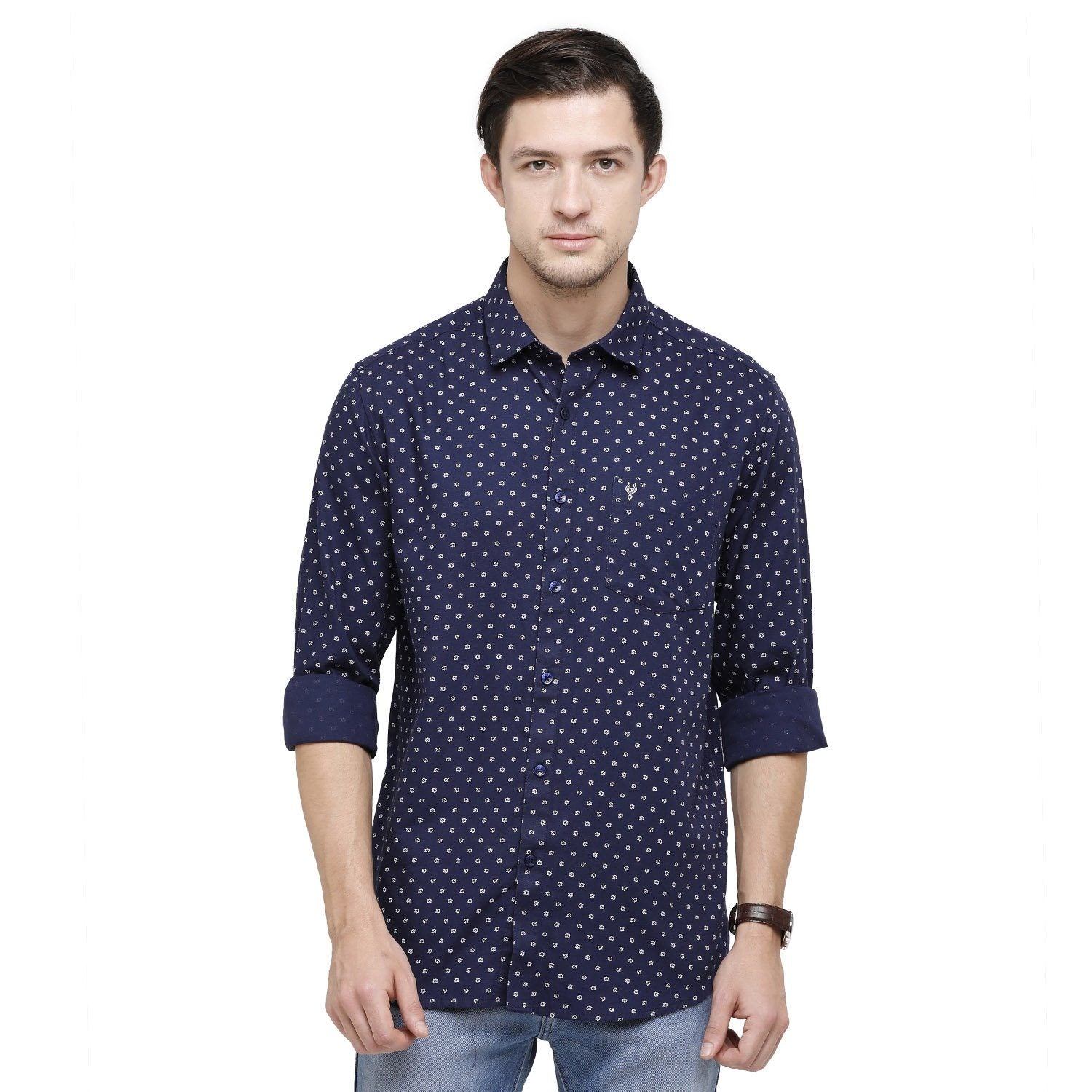 Classic Polo Mens Printed Collar Neck Full Sleeve Slim Fit 100% Cotton Navy Blue Fashion Woven Shirt ( SM2-36 A-FS-PRT-SF ) Shirts Classic Polo 