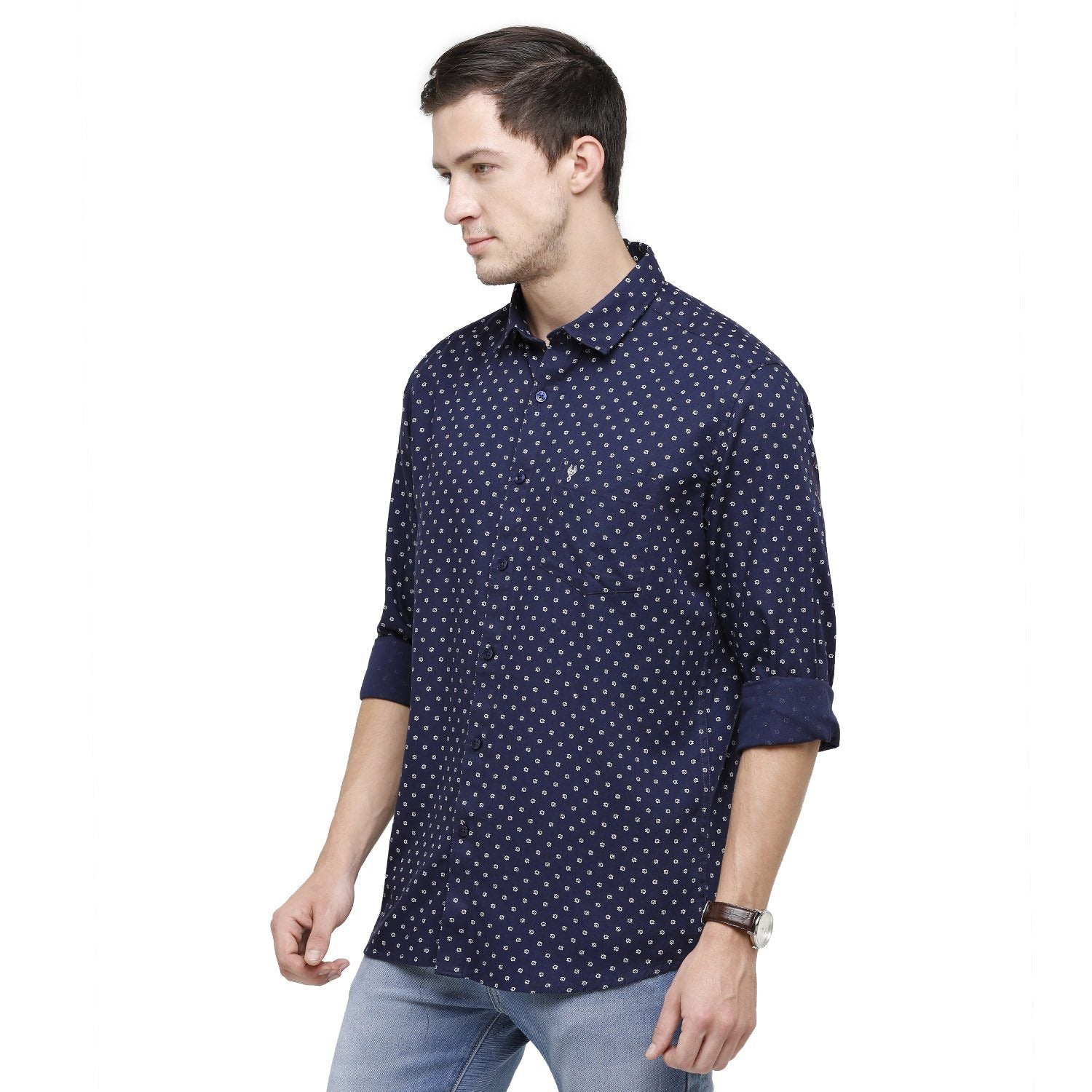 Classic Polo Mens Printed Collar Neck Full Sleeve Slim Fit 100% Cotton Navy Blue Fashion Woven Shirt ( SM2-36 A-FS-PRT-SF ) Shirts Classic Polo 