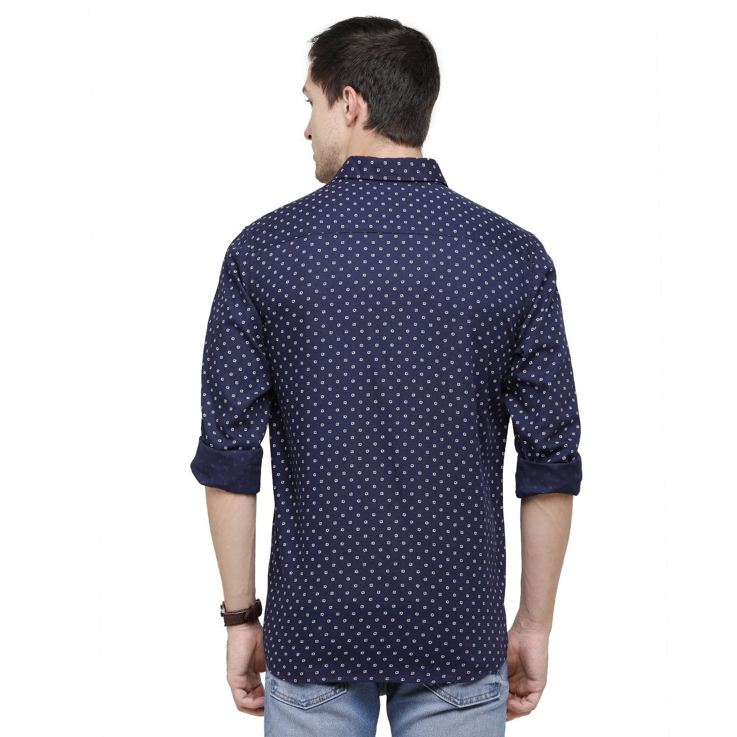 Classic Polo Mens Printed Collar Neck Full Sleeve Slim Fit 100% Cotton Navy Blue Fashion Woven Shirt ( SM2-36 A-FS-PRT-SF ) Shirts Classic Polo 