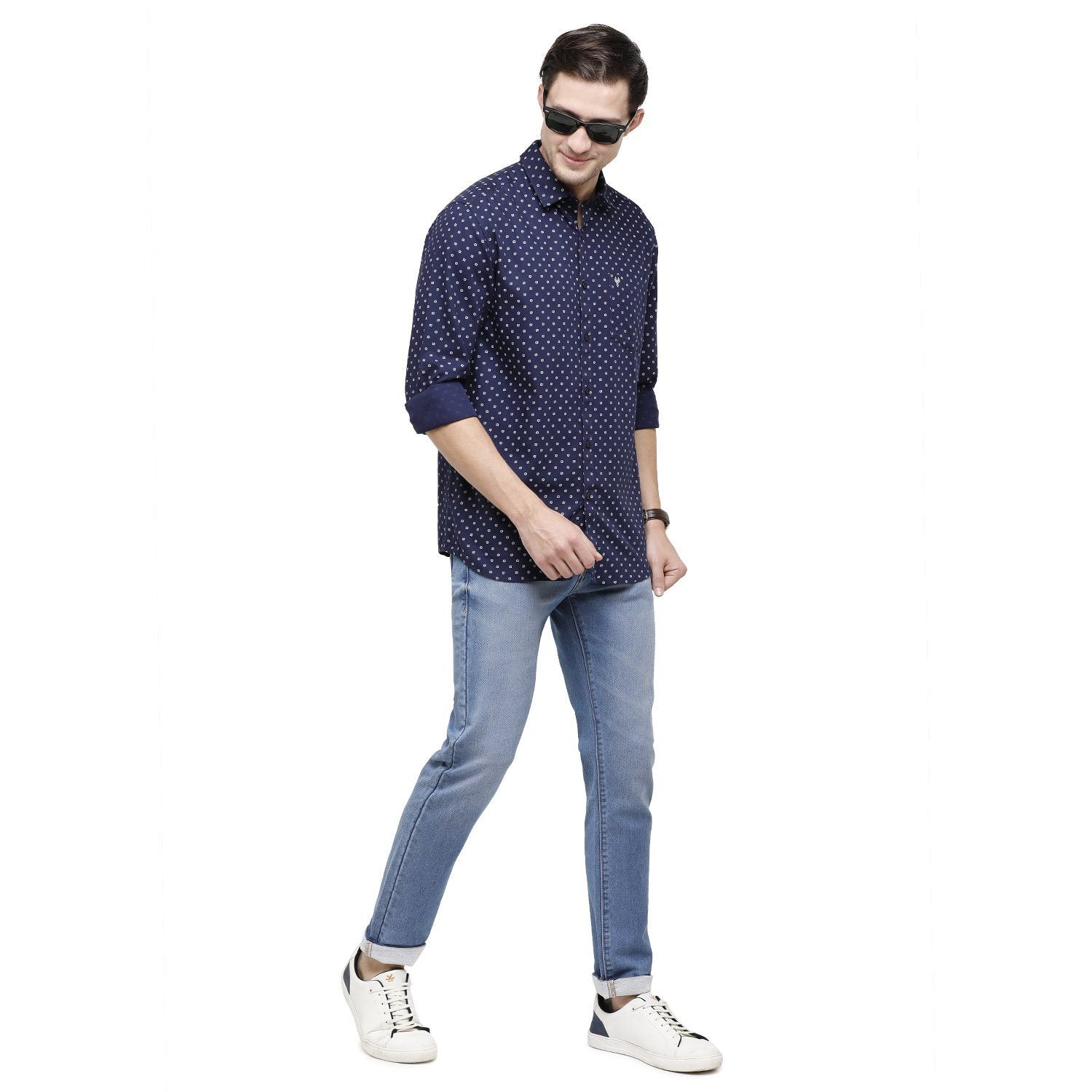 Classic Polo Mens Printed Collar Neck Full Sleeve Slim Fit 100% Cotton Navy Blue Fashion Woven Shirt ( SM2-36 A-FS-PRT-SF ) Shirts Classic Polo 
