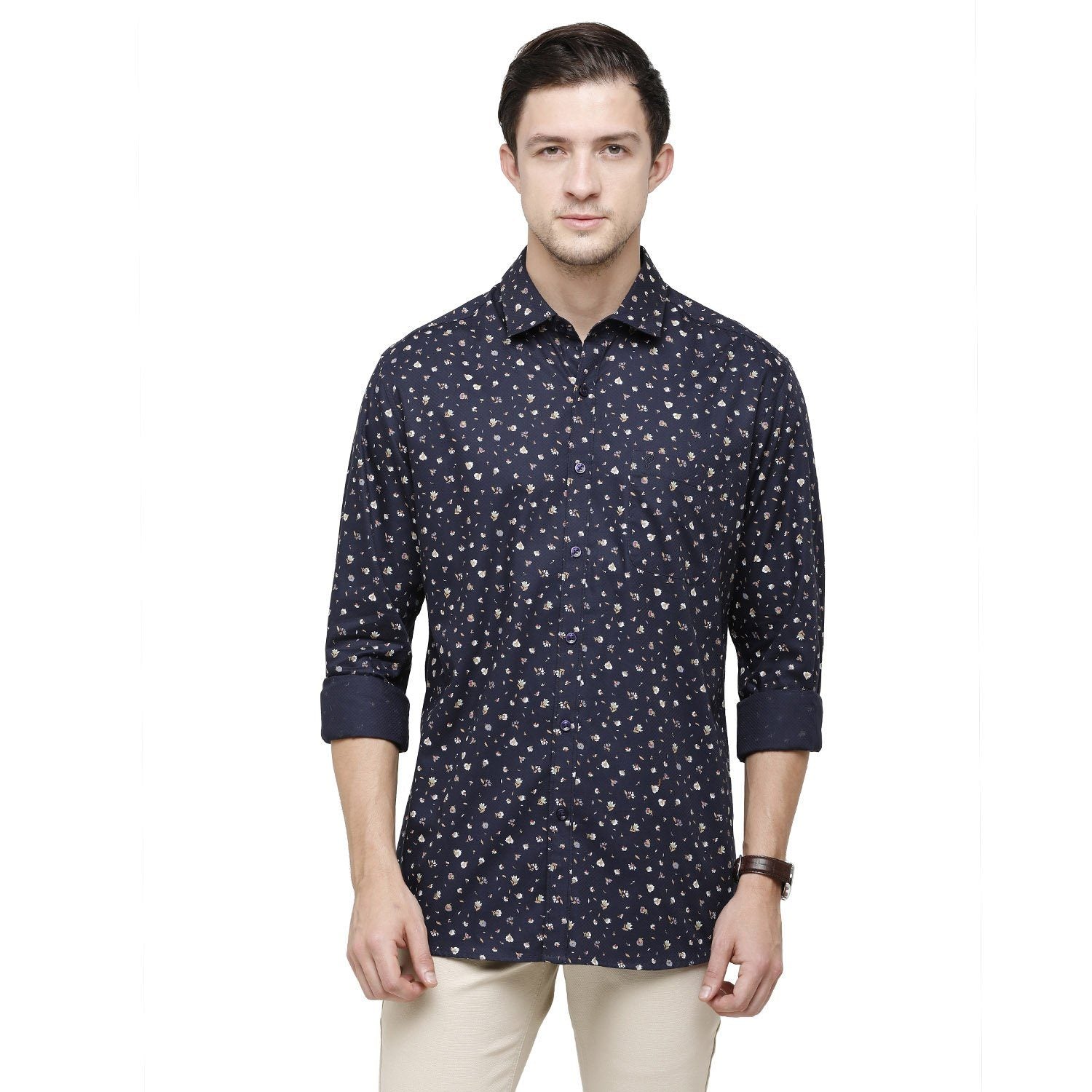 Classic Polo Mens Printed Collar Neck Full Sleeve Slim Fit 100% Cotton Navy Blue Fashion Woven Shirt ( SM2-88 B-FS-PRT-SF ) Shirts Classic Polo 