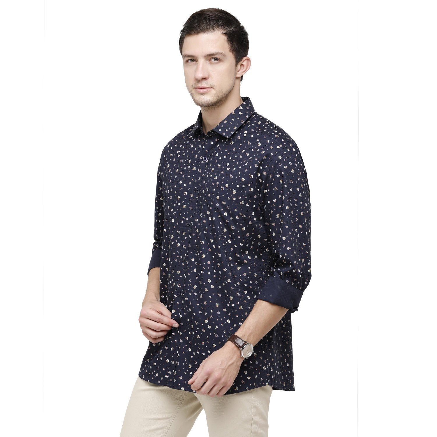Classic Polo Mens Printed Collar Neck Full Sleeve Slim Fit 100% Cotton Navy Blue Fashion Woven Shirt ( SM2-88 B-FS-PRT-SF ) Shirts Classic Polo 