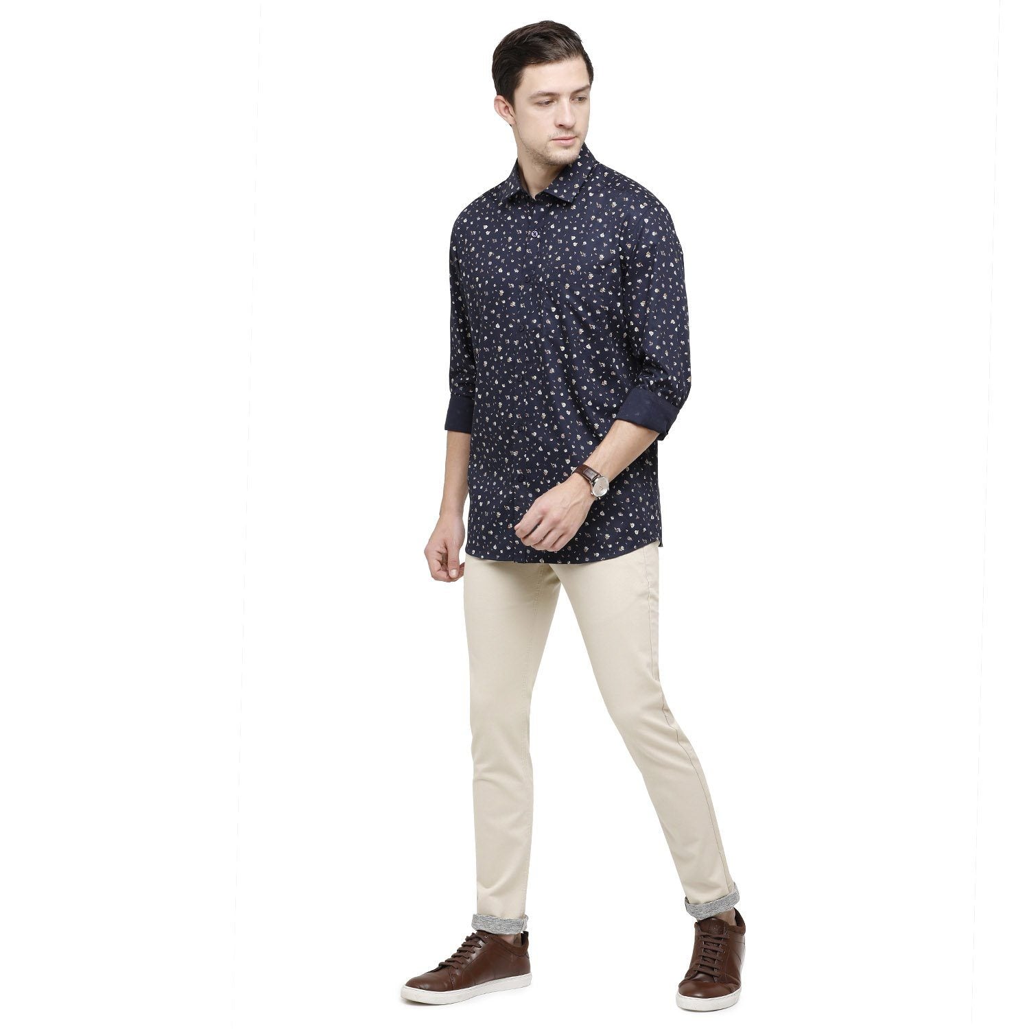 Classic Polo Mens Printed Collar Neck Full Sleeve Slim Fit 100% Cotton Navy Blue Fashion Woven Shirt ( SM2-88 B-FS-PRT-SF ) Shirts Classic Polo 