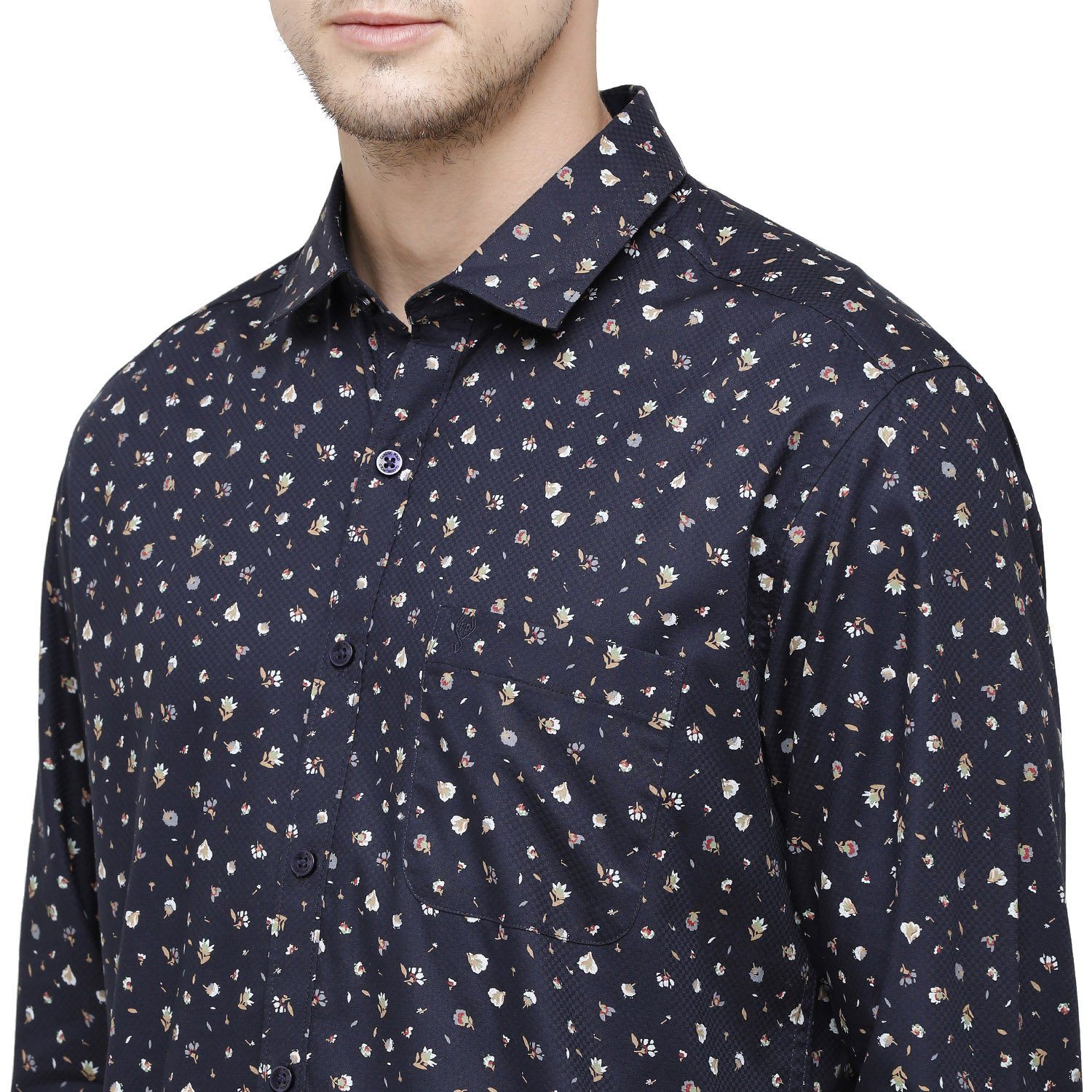Classic Polo Mens Printed Collar Neck Full Sleeve Slim Fit 100% Cotton Navy Blue Fashion Woven Shirt ( SM2-88 B-FS-PRT-SF ) Shirts Classic Polo 