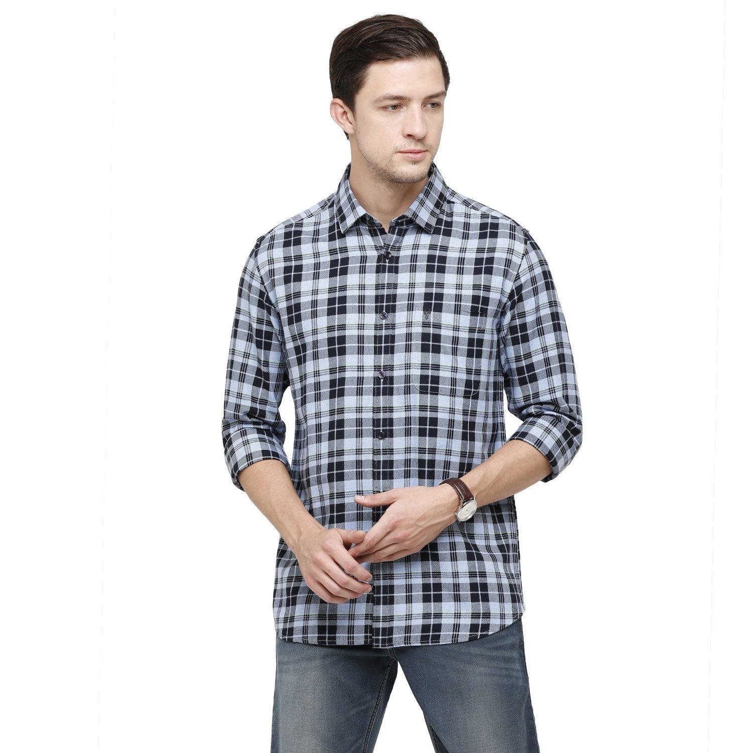Classic Polo Mens Checks Collar Neck Full Sleeve Slim Fit 98% COTTON 2%NEON DYED Navy Blue Fashion Woven Shirt ( SM2-91 A-FS-CHK-SF ) Shirts Classic Polo 