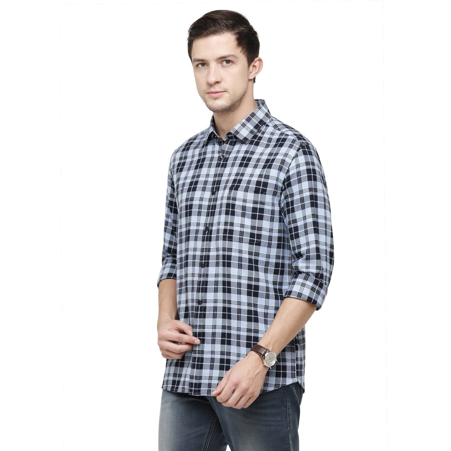 Classic Polo Mens Checks Collar Neck Full Sleeve Slim Fit 98% COTTON 2%NEON DYED Navy Blue Fashion Woven Shirt ( SM2-91 A-FS-CHK-SF ) Shirts Classic Polo 