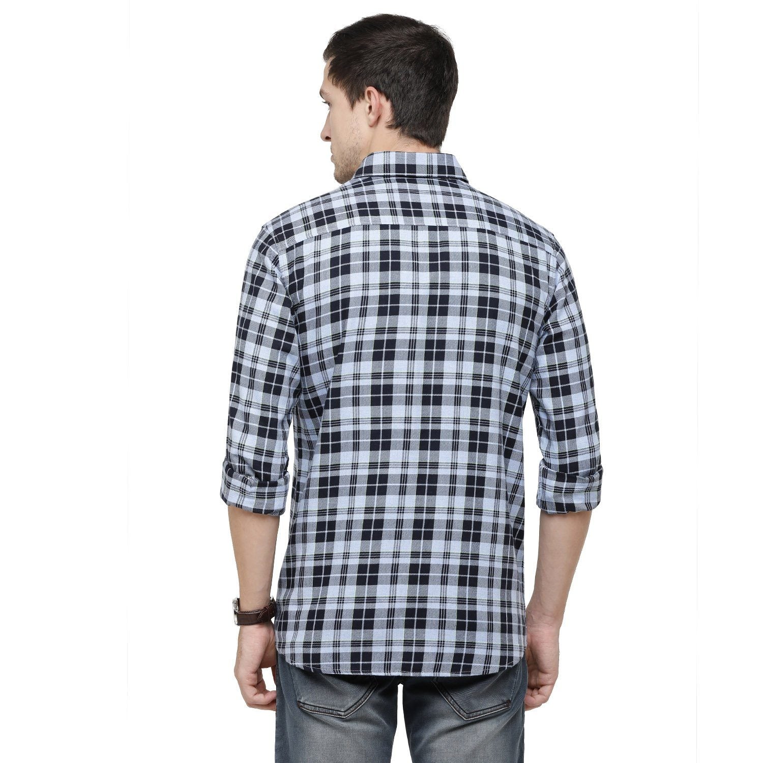 Classic Polo Mens Checks Collar Neck Full Sleeve Slim Fit 98% COTTON 2%NEON DYED Navy Blue Fashion Woven Shirt ( SM2-91 A-FS-CHK-SF ) Shirts Classic Polo 