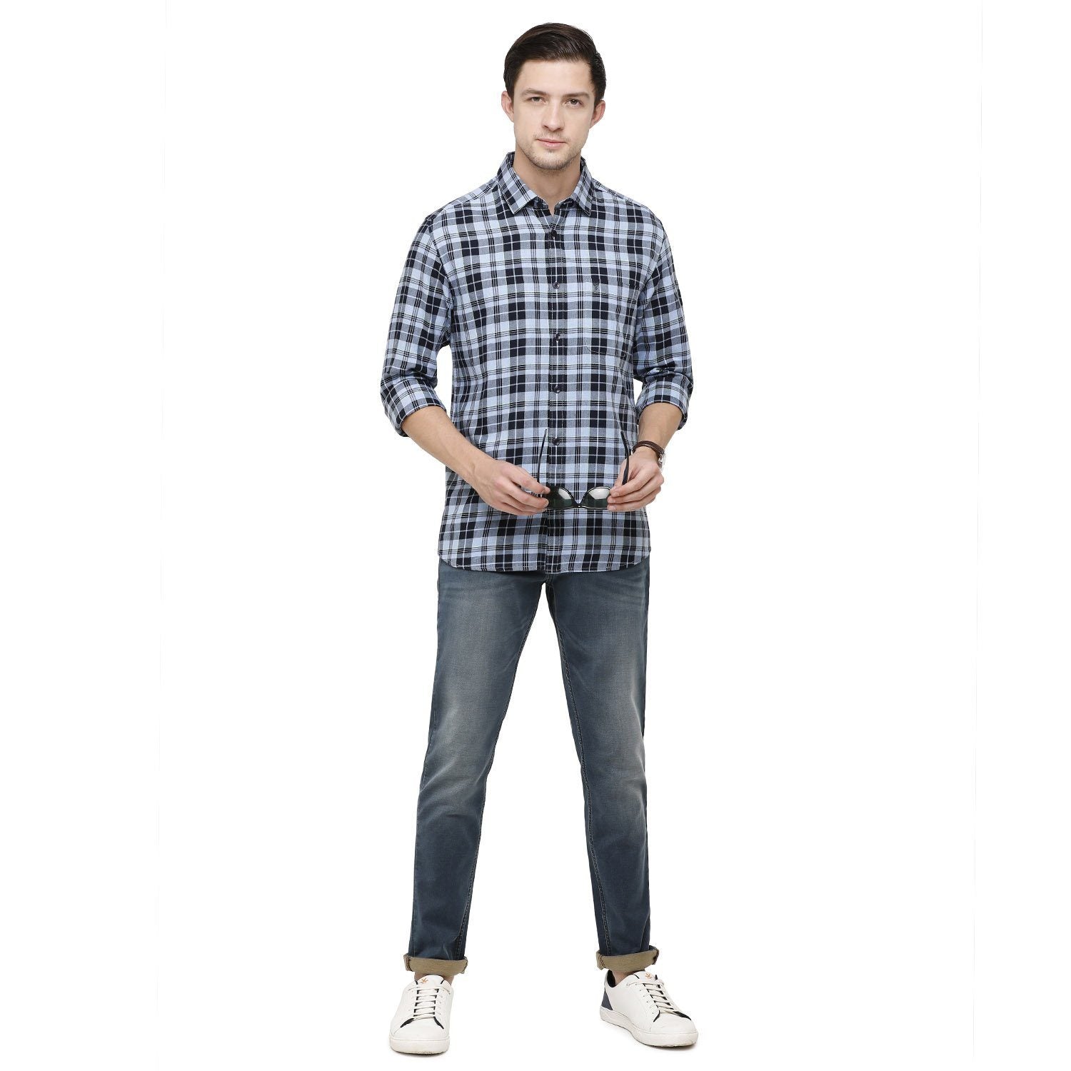Classic Polo Mens Checks Collar Neck Full Sleeve Slim Fit 98% COTTON 2%NEON DYED Navy Blue Fashion Woven Shirt ( SM2-91 A-FS-CHK-SF ) Shirts Classic Polo 